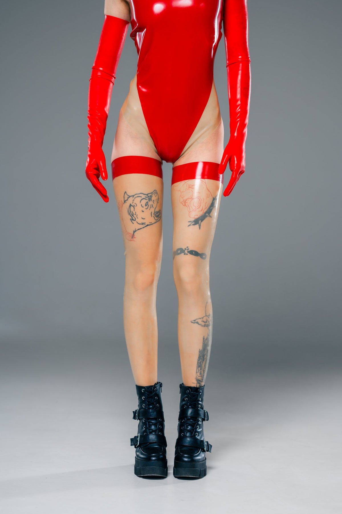 Translucent Latex Stockings with Red Back Seam