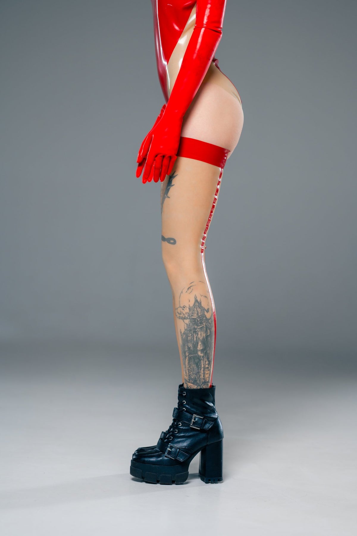 Translucent Latex Stockings with Red Back Seam