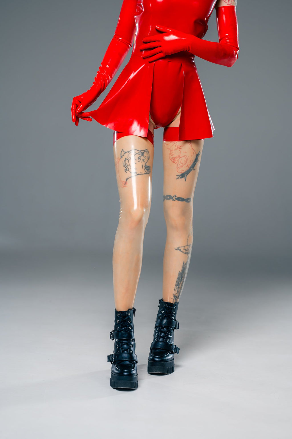 Translucent Latex Stockings with Red Back Seam