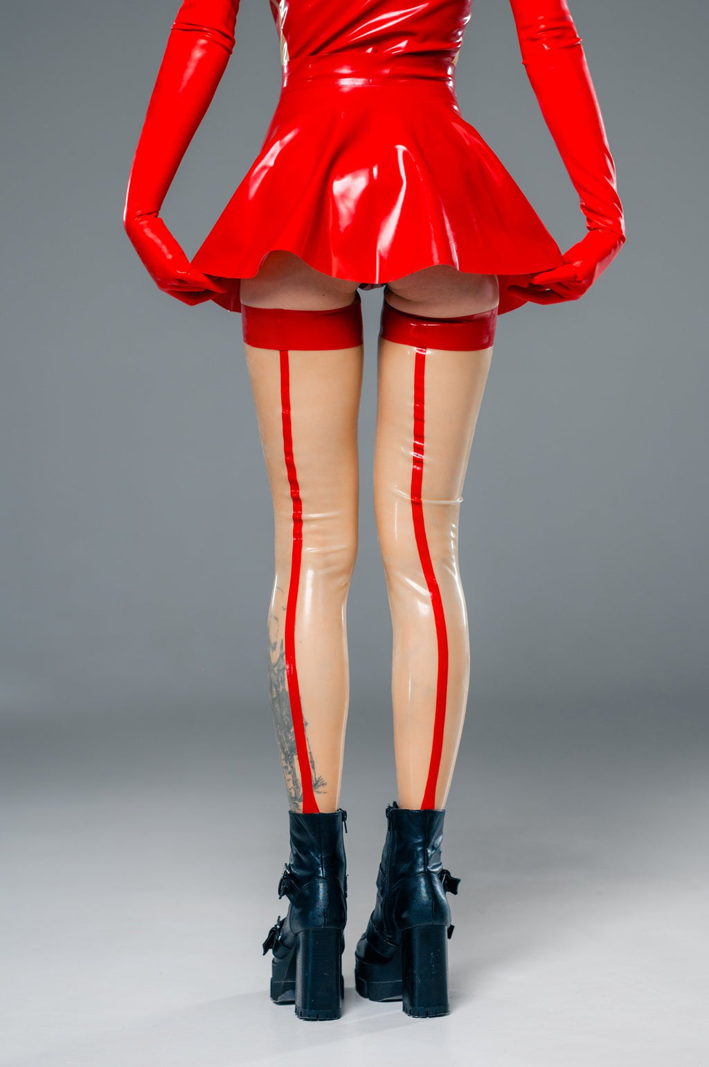 Translucent Latex Stockings with Red Back Seam