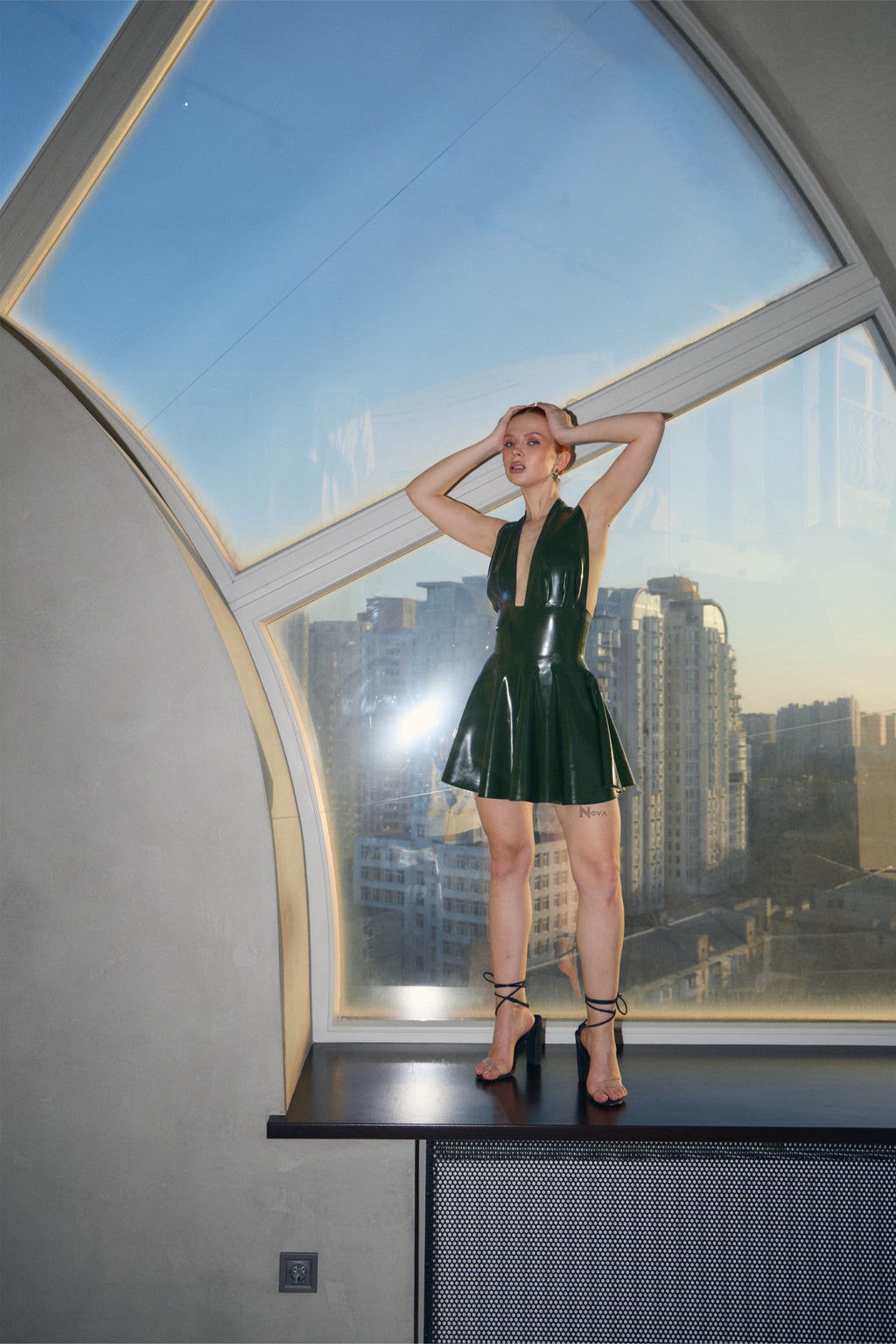 Dark Green Latex Cut-Out Dress – Sleeveless Fetish Bodycon Outfit for Women