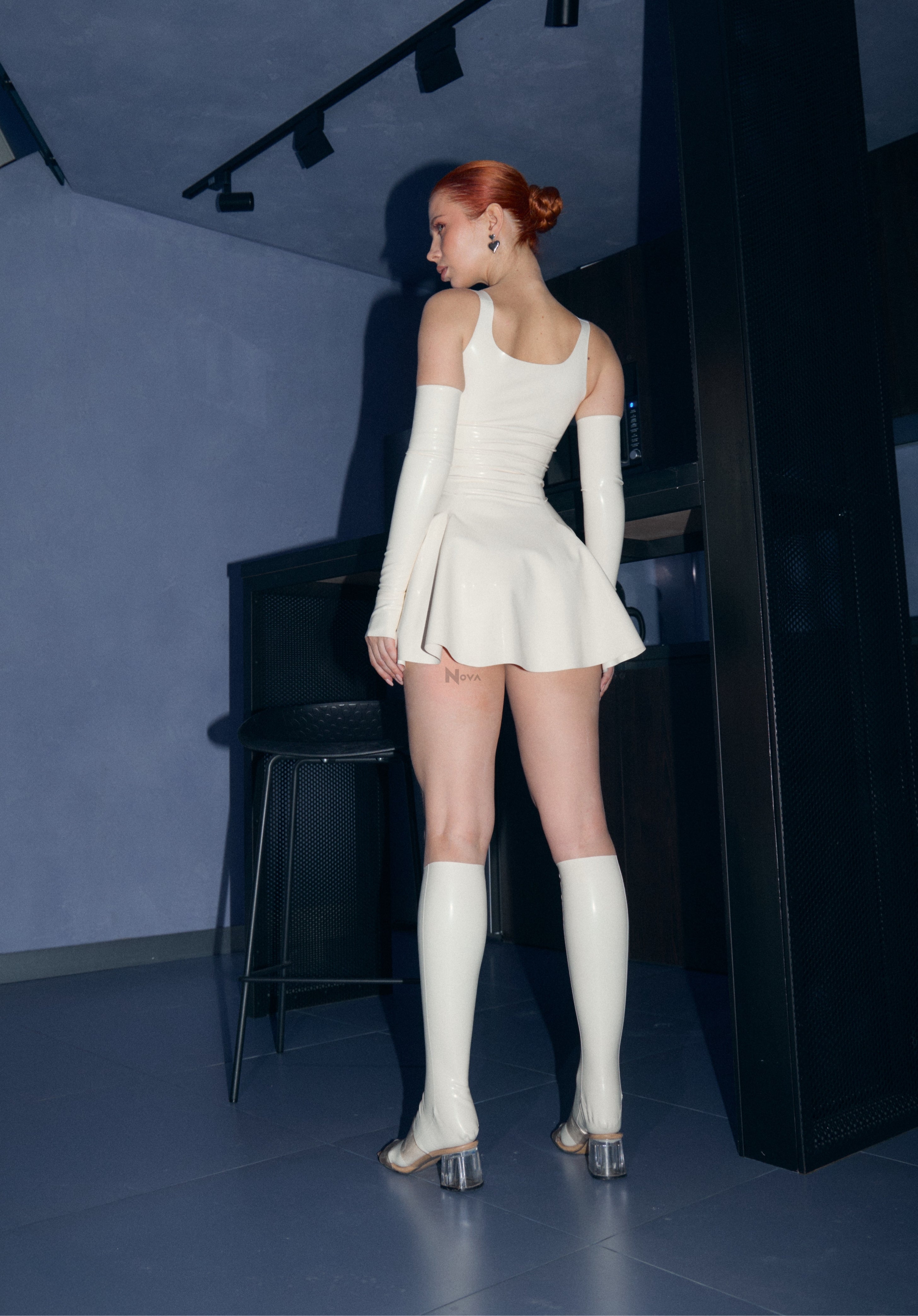 White Latex Fetish Dress & Gloves – Sleek Lingerie Costume for Women