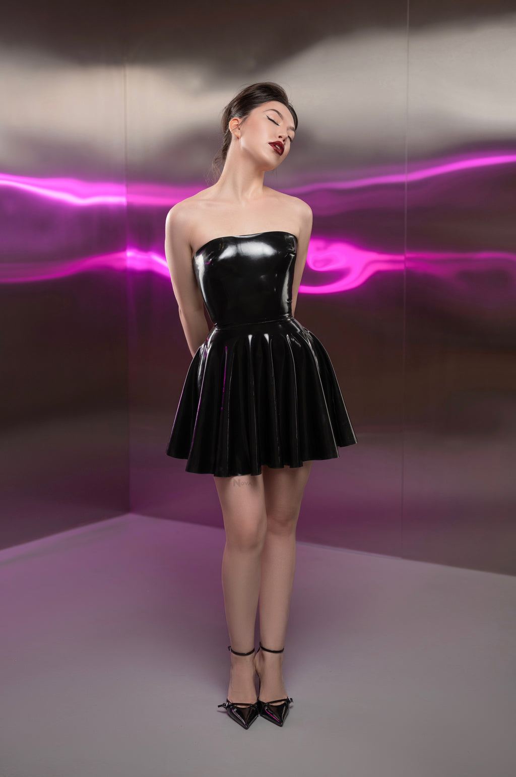 Latex Off Shoulder Dress Mini - Black Female Rubber Outfit