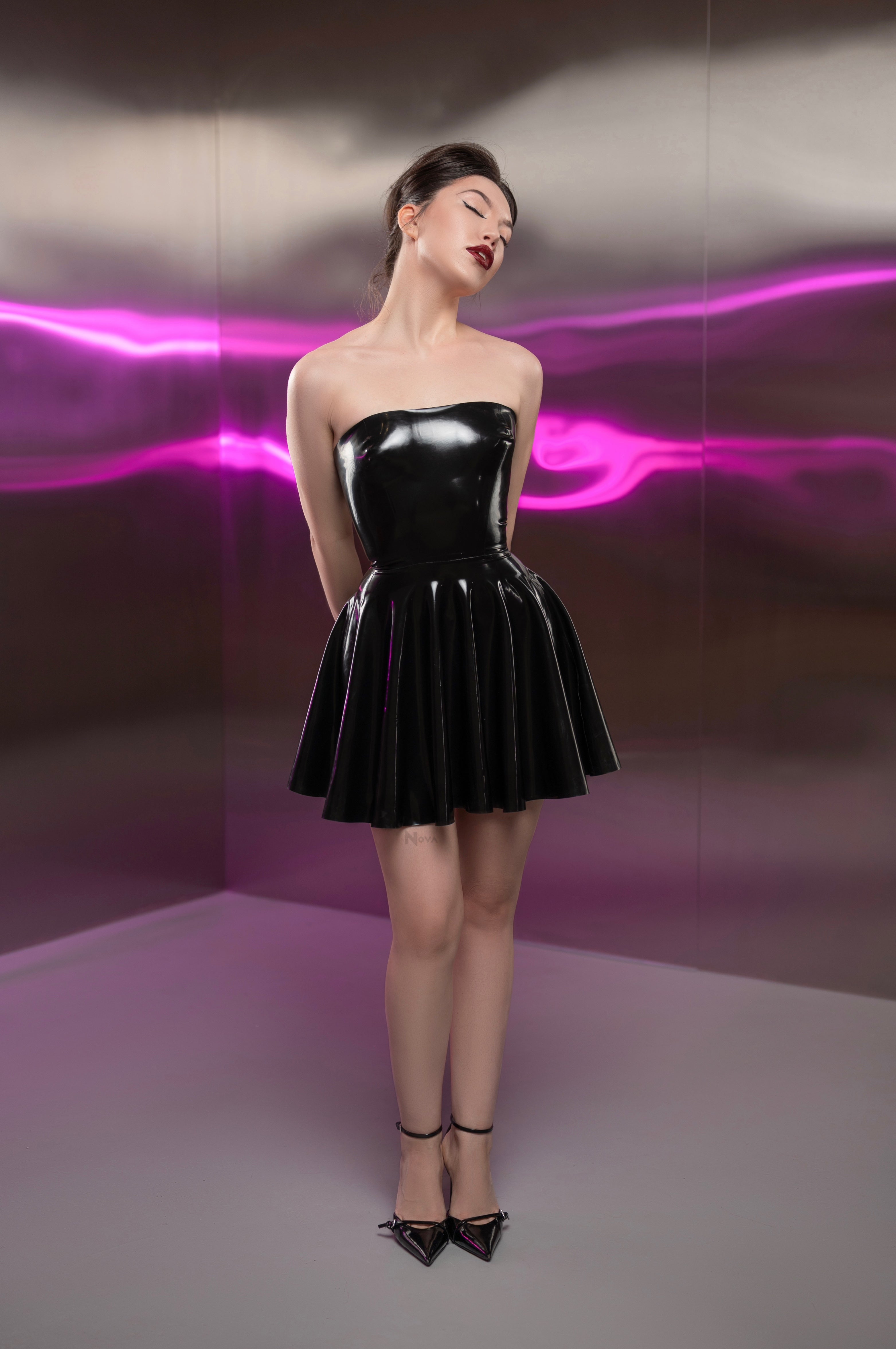 Latex Off Shoulder Dress Mini - Black Female Rubber Outfit