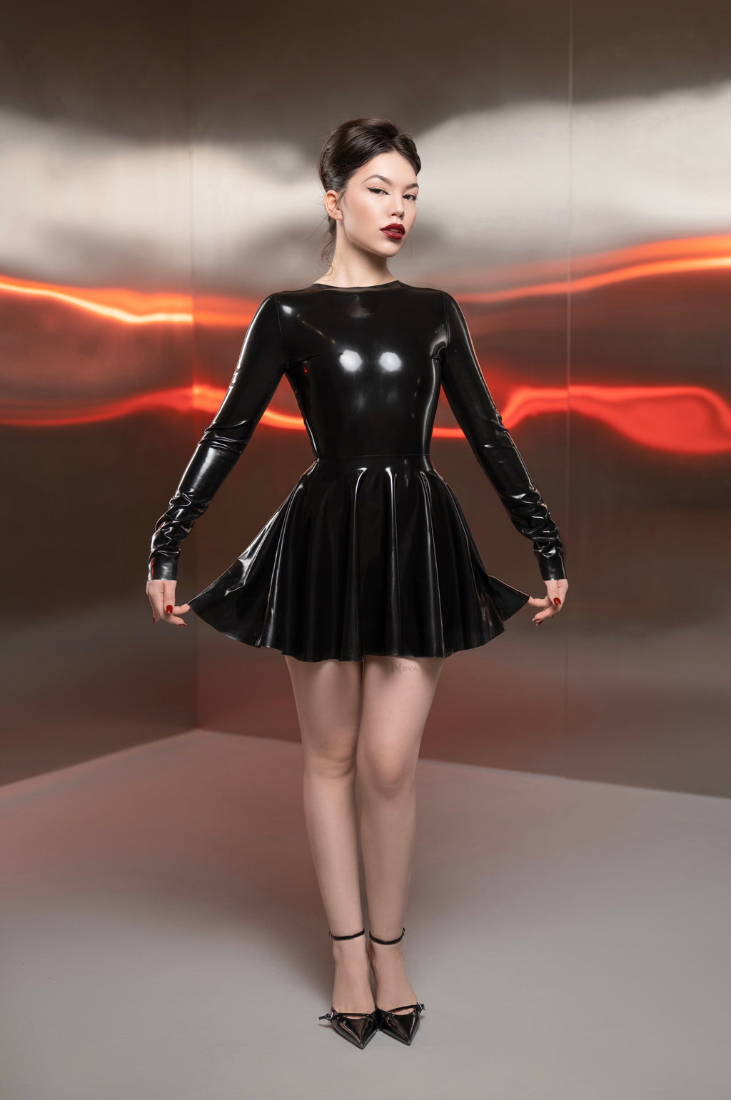 Longsleeve Latex Dress Mini Black Female with Long Sleeves