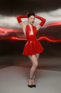 Red Latex Draped Halter Mini Dress with Long Gloves
