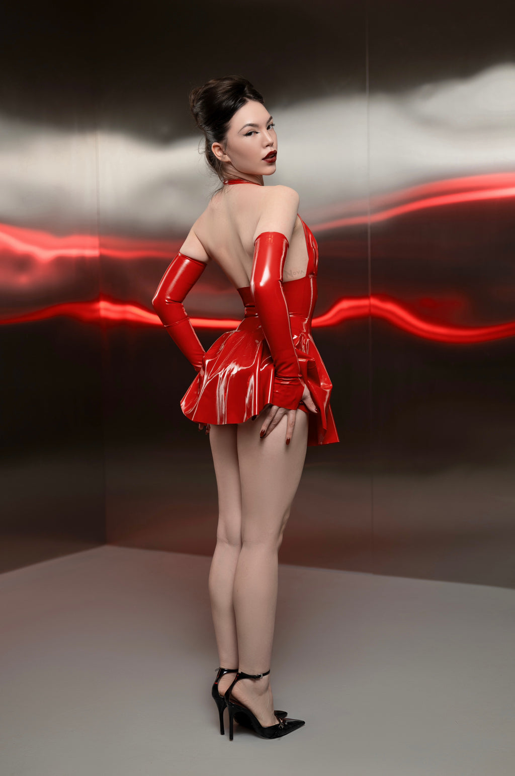 Red Latex Draped Halter Mini Dress with Long Gloves