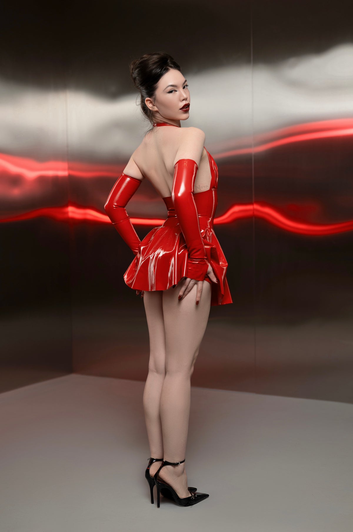 Red Latex Draped Halter Mini Dress with Long Gloves