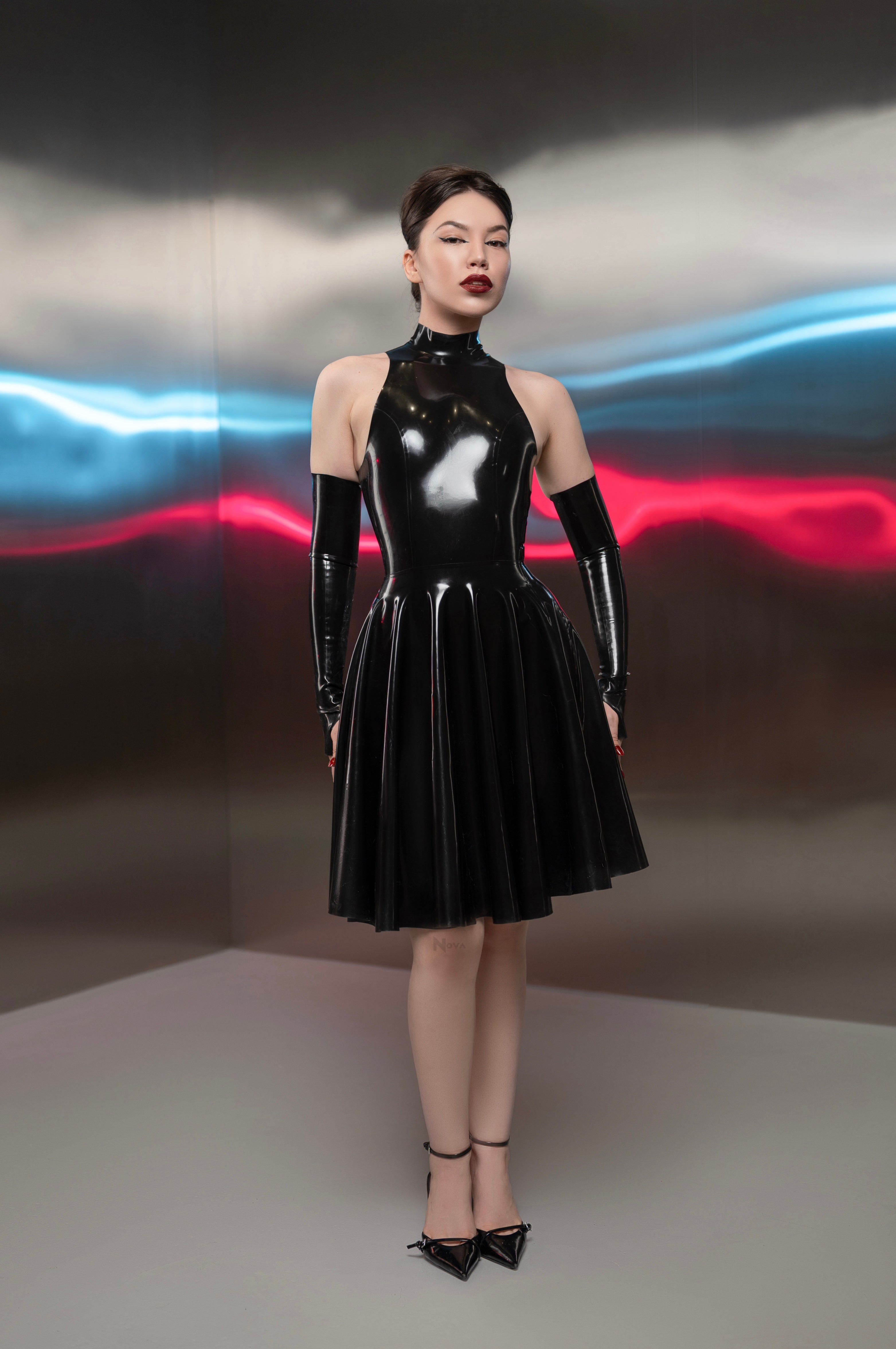 Midi Dress Turtle Neck & Long Gloves Mittens Mitts
