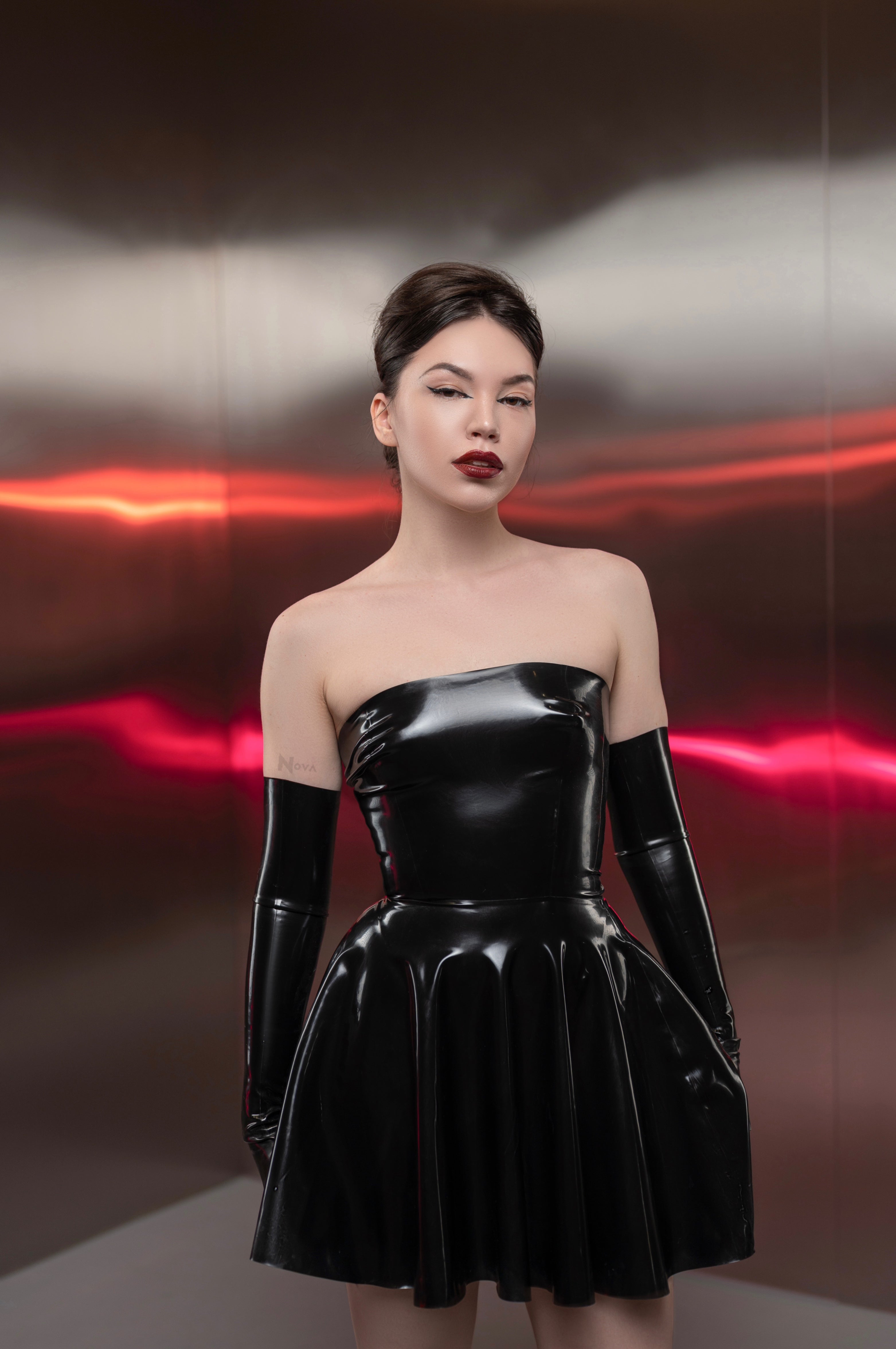 Off Shoulder Dress Mini & Long Gloves - Rubber Sexy Lingerie Outfit Costume Woman