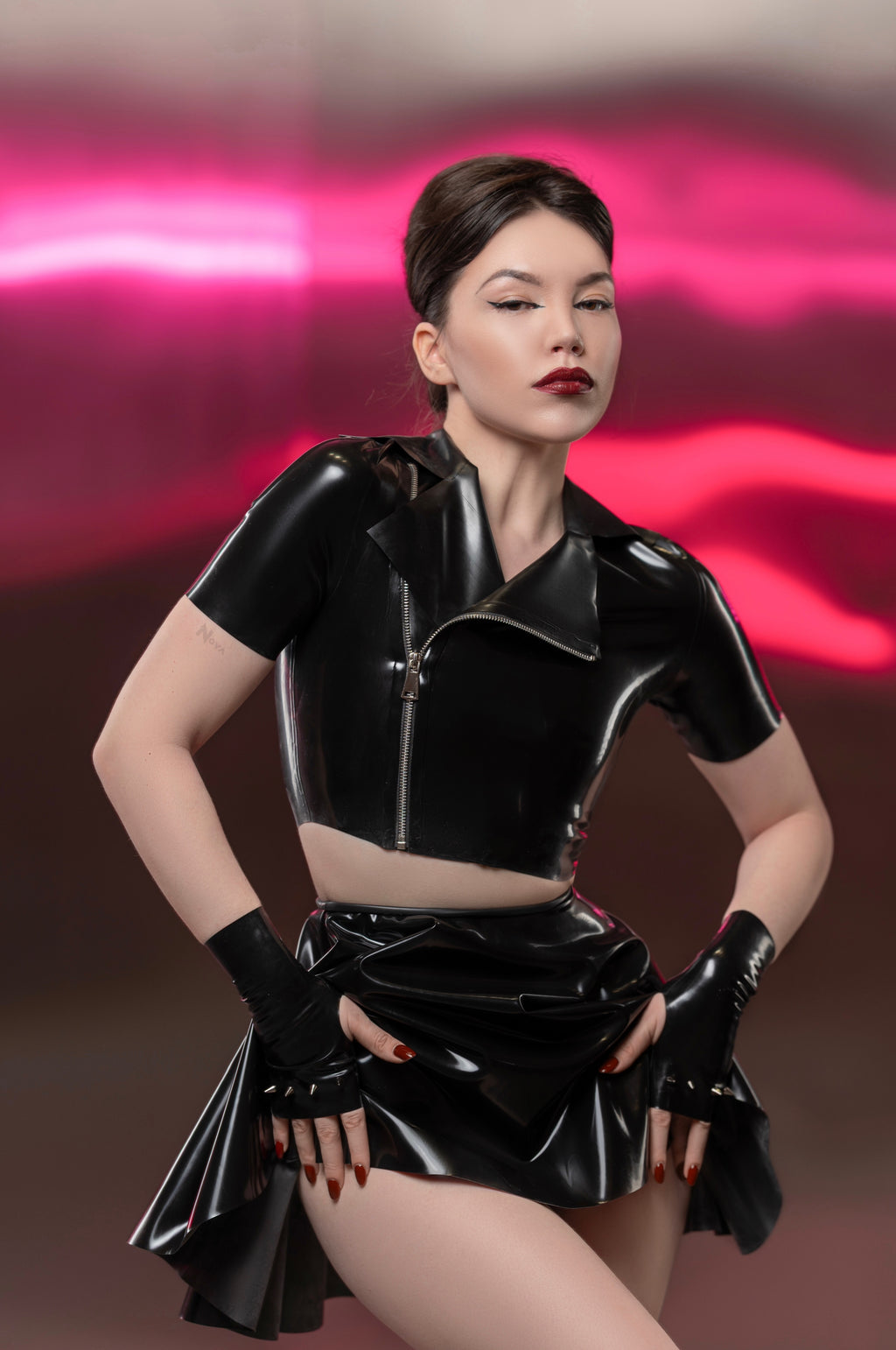 Latex T-shirt Jacket Crop Top Zipper - Mini Skirt - Gloves Spiked - Female Set
