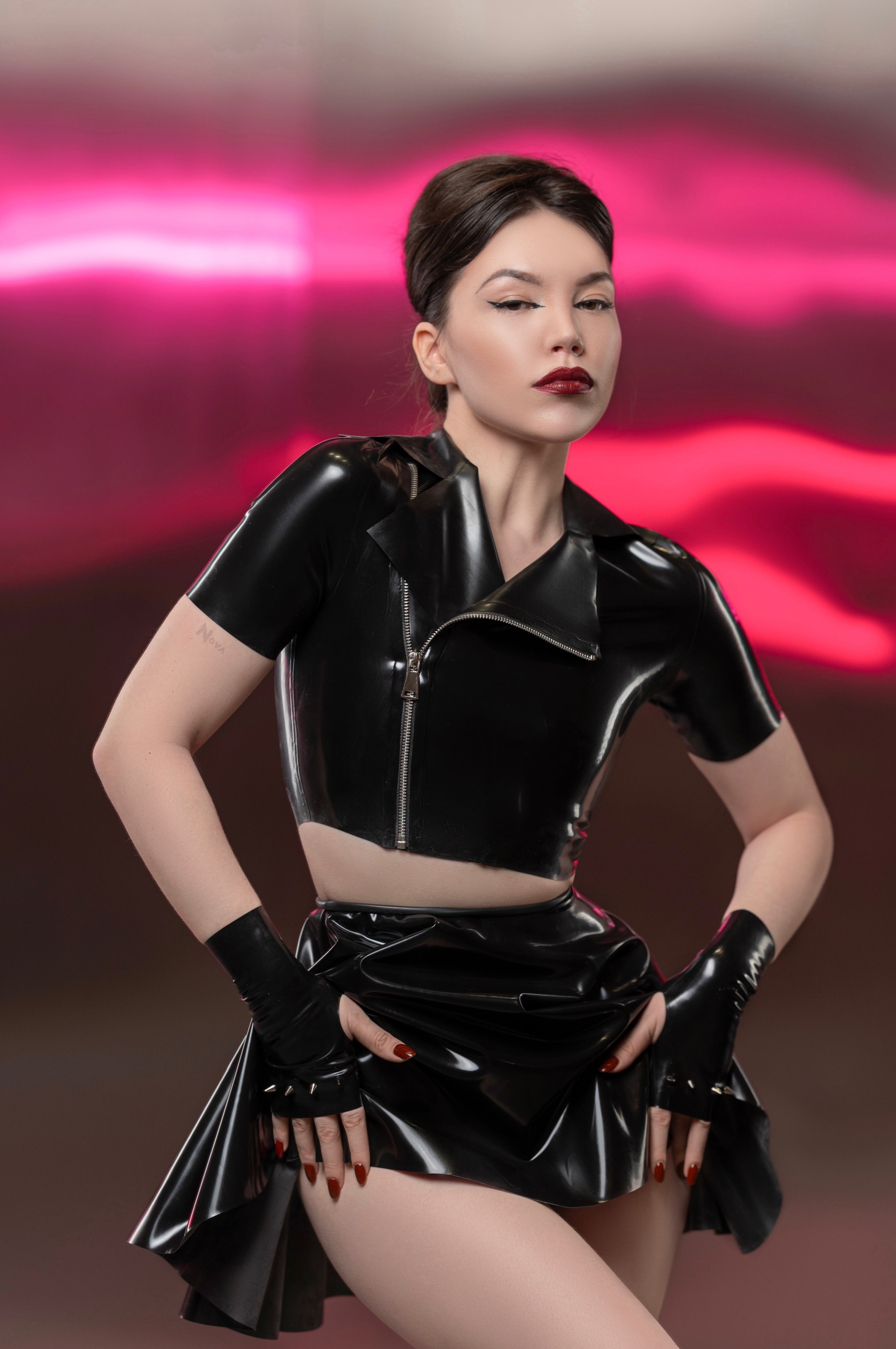 Latex T-shirt Jacket Crop Top Zipper - Mini Skirt - Gloves Spiked - Female Set