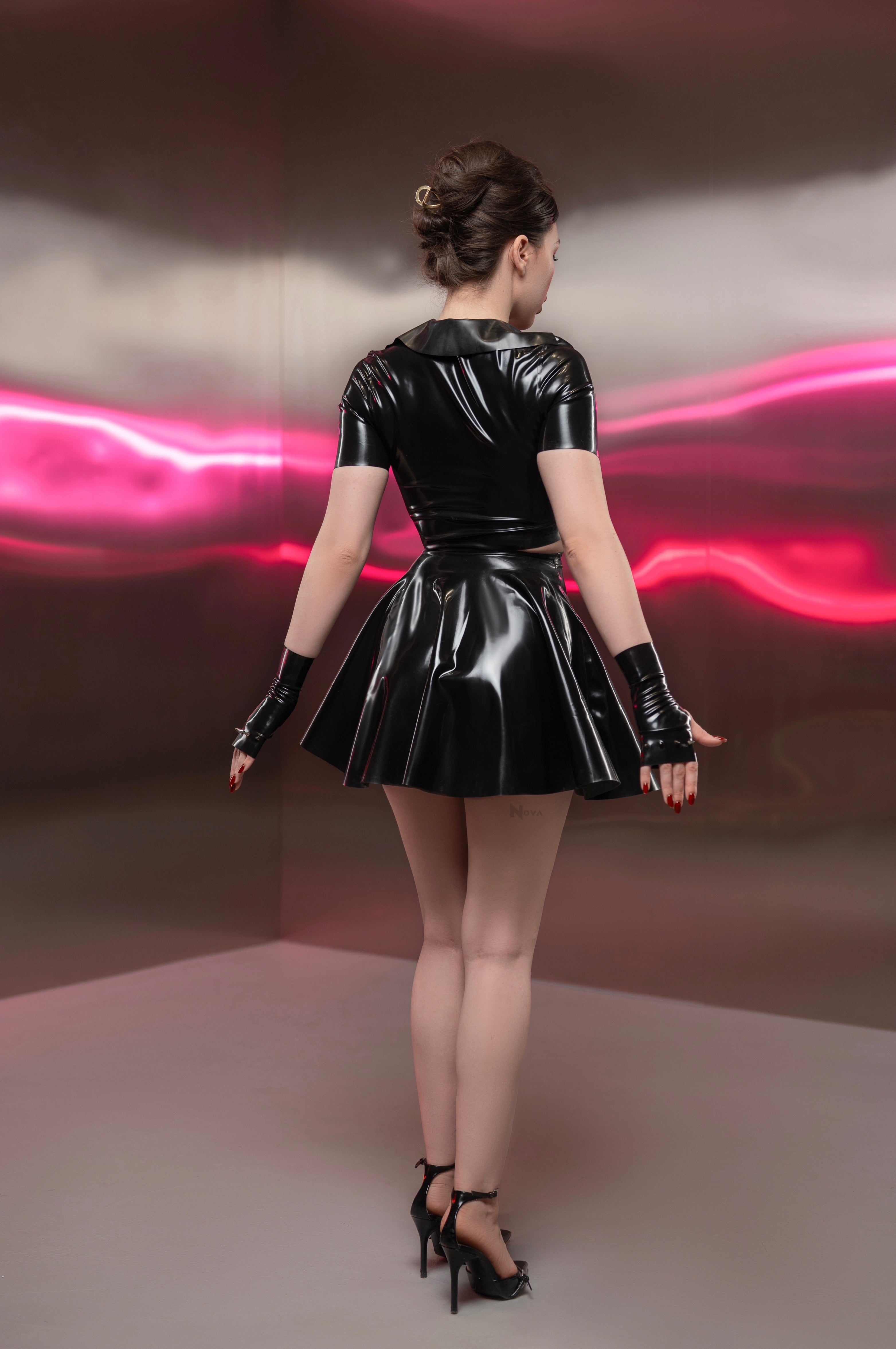 Latex T-shirt Jacket Crop Top Zipper - Mini Skirt - Gloves Spiked - Female Set