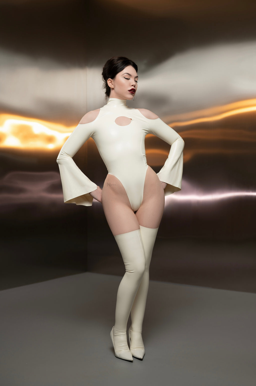 White Latex Longsleeve Bodysuit - Open Shoulders & Flared Sleeves