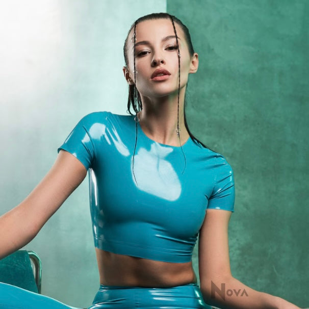 Turquoise Latex T-shirt Crop Top Blue Female