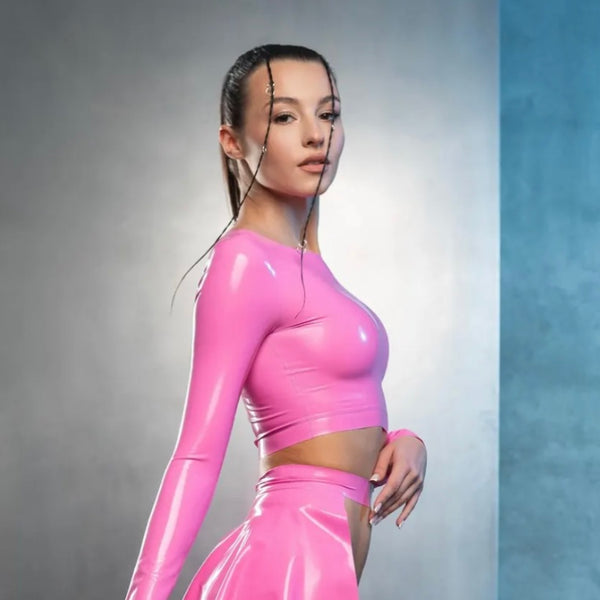 Pink Latex Longsleeve Crop Top – Shiny Rubber Fetish Top for Women