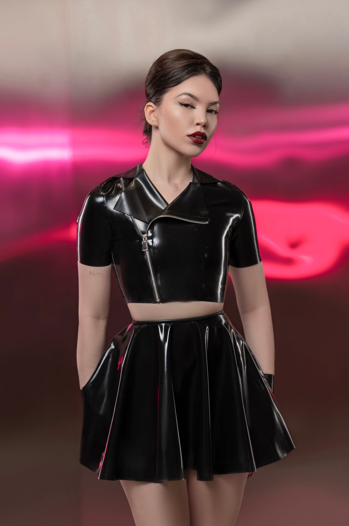 Black Latex Fingerless Gloves, Wrist Length