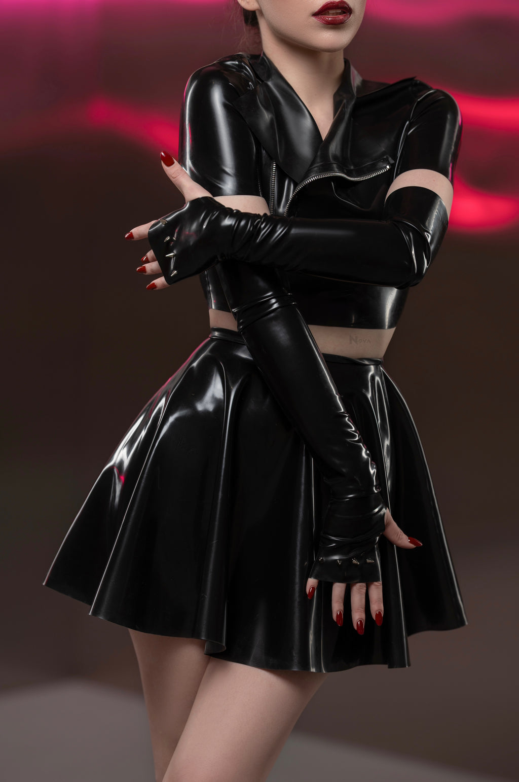 Black Latex Long Fingerless Gloves