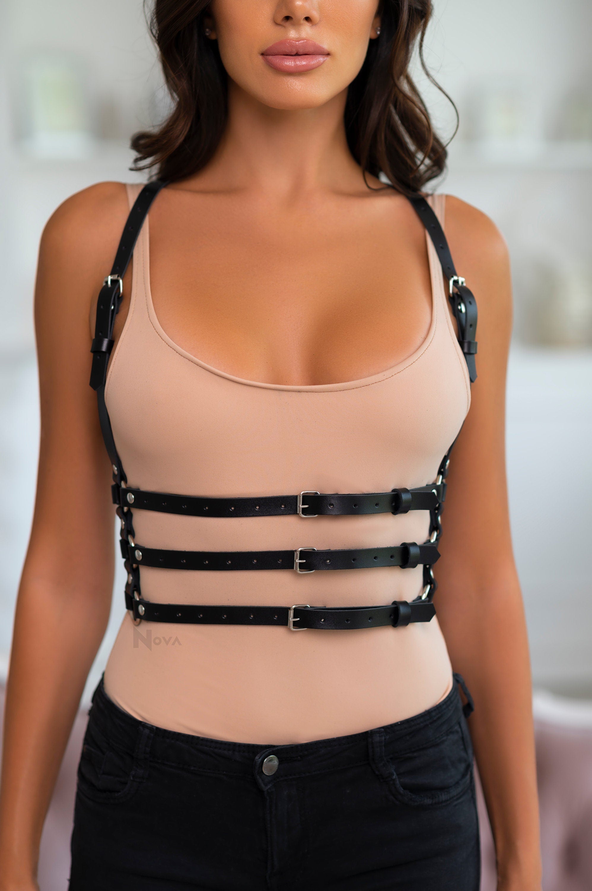 Sexy Chest Harness for Woman, Bondage Top Harness, Vegan Leather Casual Harness, On Dress Harness Adjustable Straps, Eco Leather Harness
