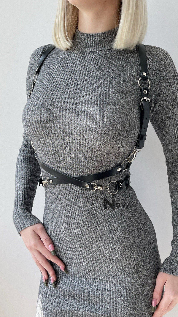 Women Waist Leather Harness, Body Harness, Waist Belt, Simple Chest Harness, Rave Belt, Vegan Harness, Kinky Harness, Wrap Belt Festival