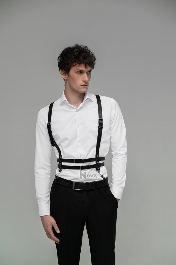 Gift for Boyfriend Black Leather Shoulder Harness for Men Male Eco Vegan Chest Top BDSM Rave Kinky GayWaist Wrap Belt for Husband for Him