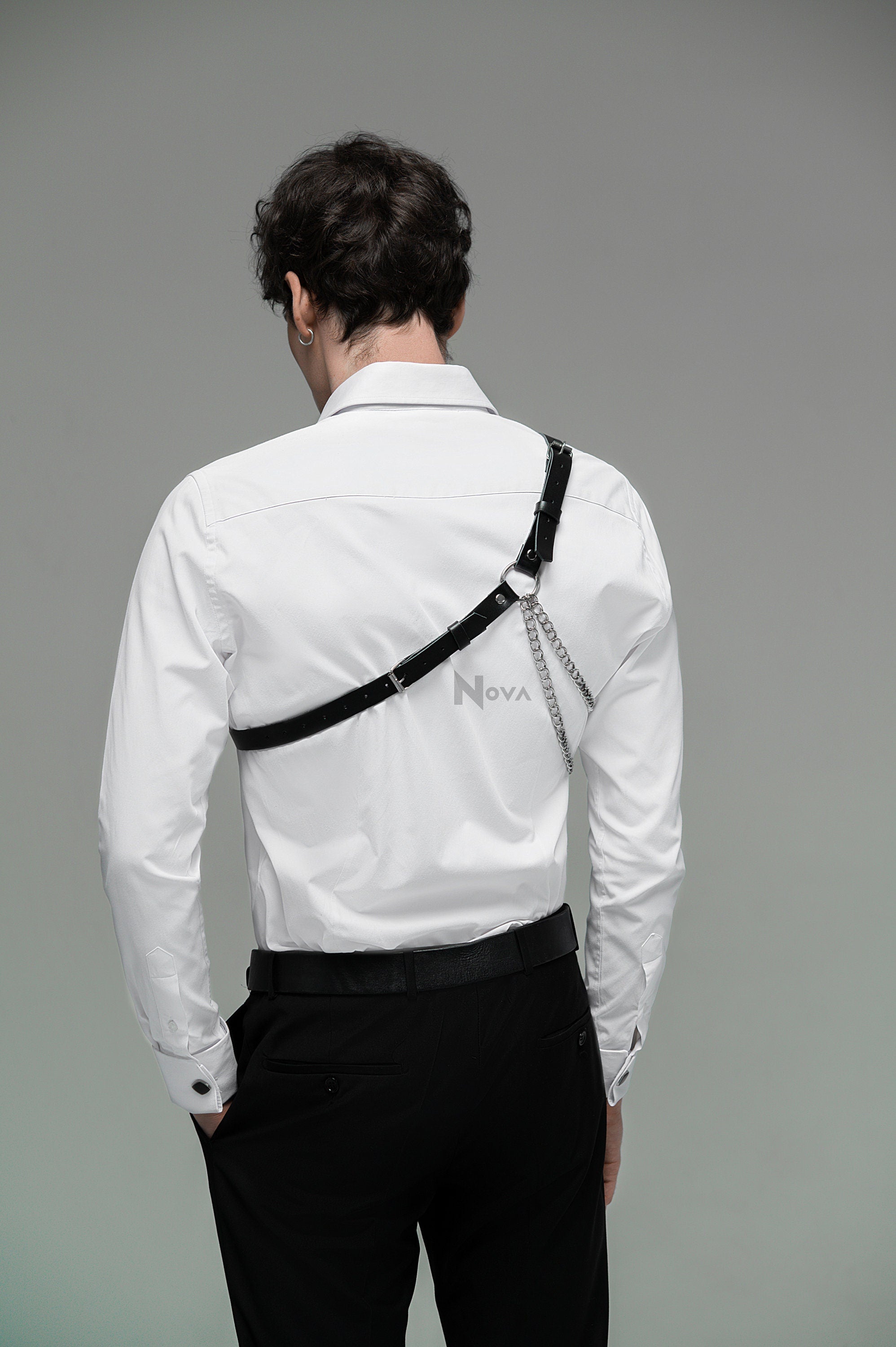 One Shoulder Harness Men, Leather Minimalist Harness with Chain, Casual Man's Harness, Simple Harness, Vegan Leather Chest Harness, Fetish