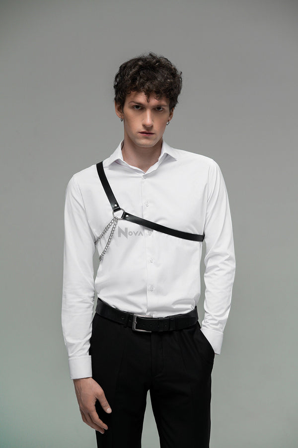 One Shoulder Harness Men, Leather Minimalist Harness with Chain, Casual Man's Harness, Simple Harness, Vegan Leather Chest Harness, Fetish