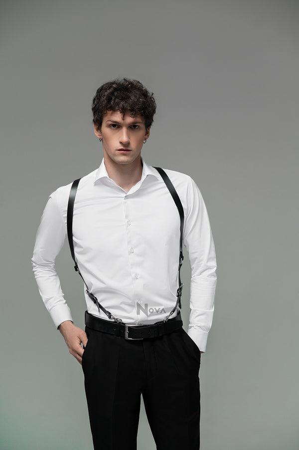 Genuine Leather Mens Suspenders, Black Brown Red Harness Groomsmen, Distressed Leather X-Back Men's Suspenders, Western Suspenders