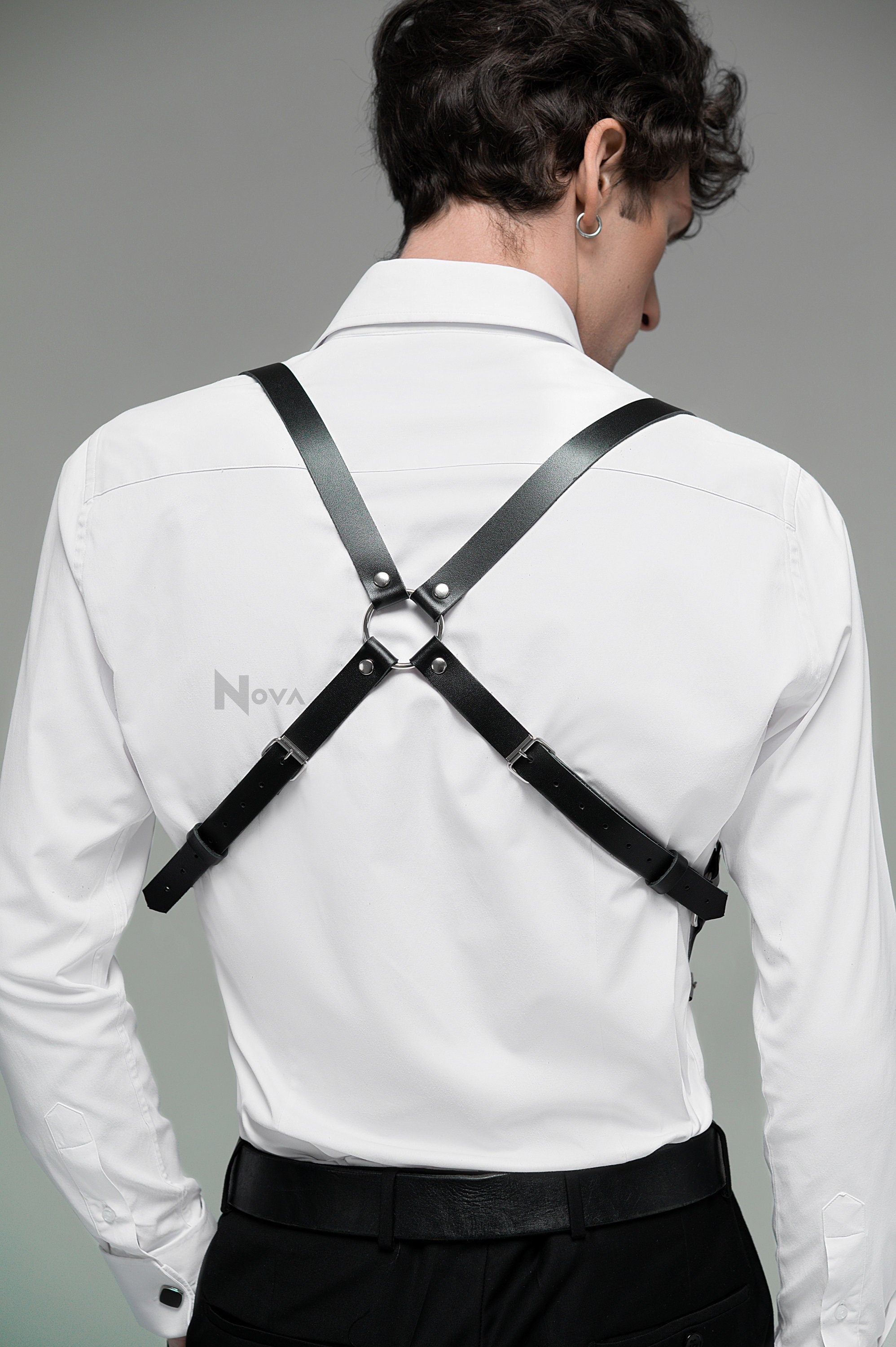 Genuine Leather Mens Suspenders, Black Brown Red Harness Groomsmen, Distressed Leather X-Back Men's Suspenders, Western Suspenders