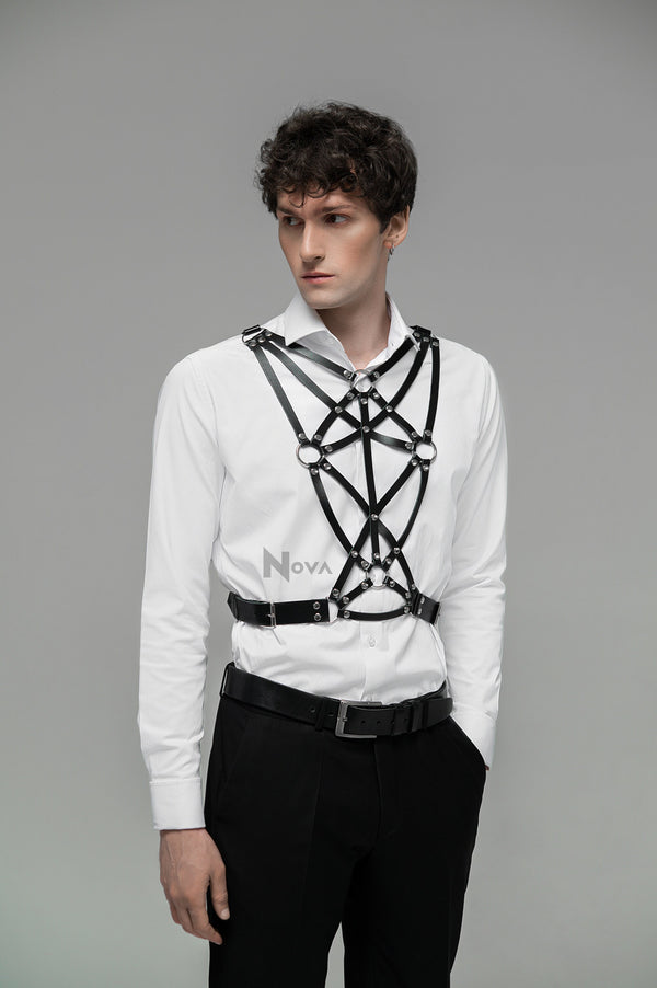 Gift for Boyfriend Geometric Leather Harness Chest Top Male Belt Fetish Body Bondage Accessory for Man Gay Husband Valentines Day