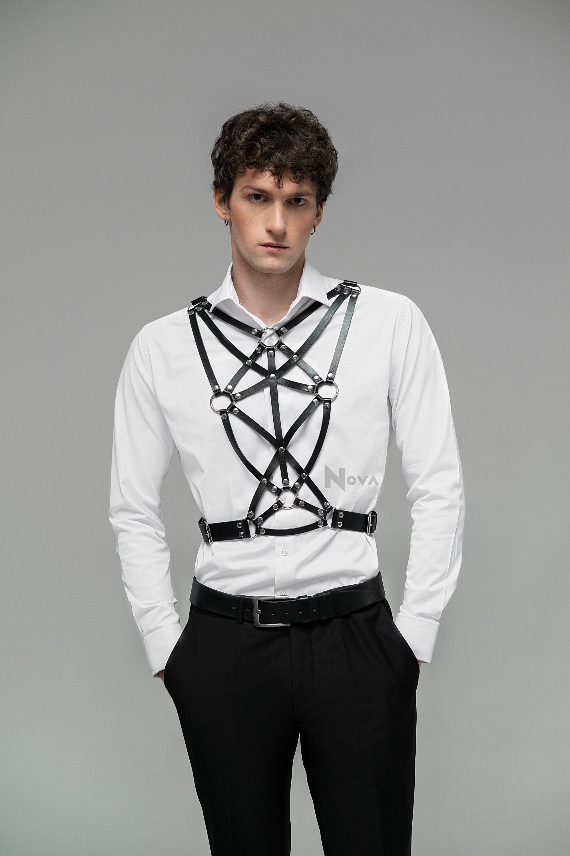 Gift for Boyfriend Geometric Leather Harness Chest Top Male Belt Fetish Body Bondage Accessory for Man Gay Husband Valentines Day