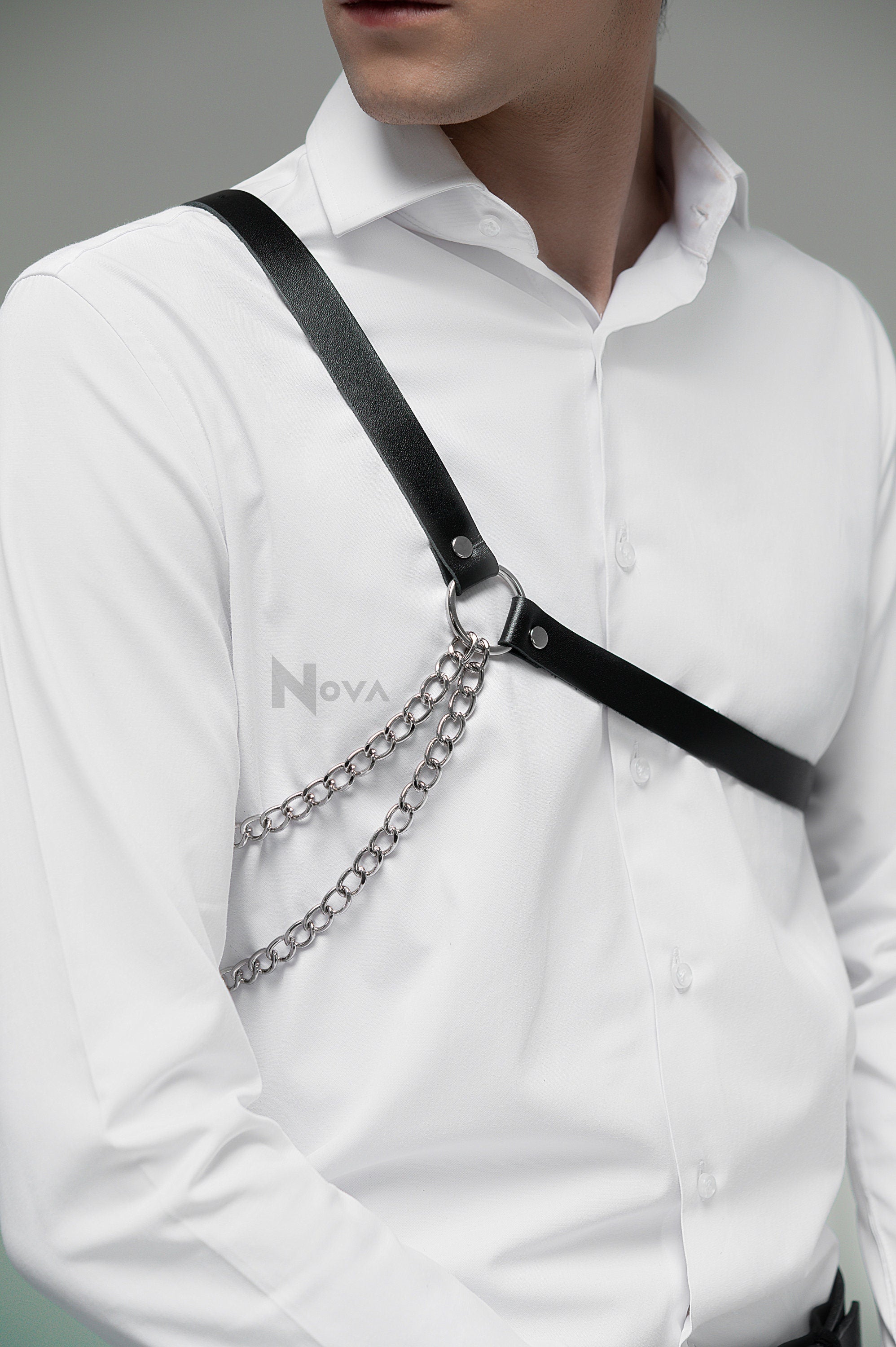 One Shoulder Harness Men, Leather Minimalist Harness with Chain, Casual Man's Harness, Simple Harness, Vegan Leather Chest Harness, Fetish