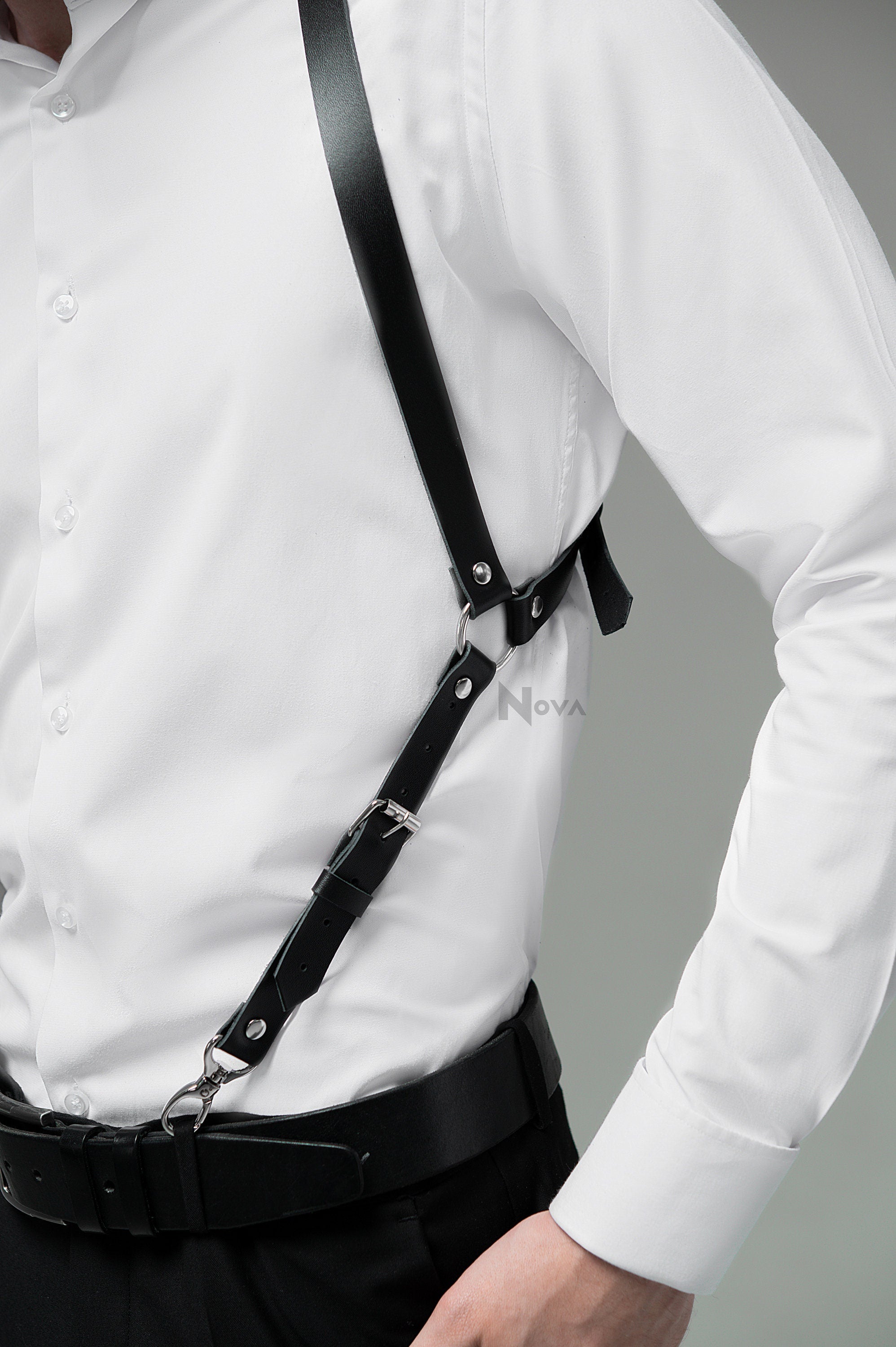 Genuine Leather Mens Suspenders, Black Brown Red Harness Groomsmen, Distressed Leather X-Back Men's Suspenders, Western Suspenders