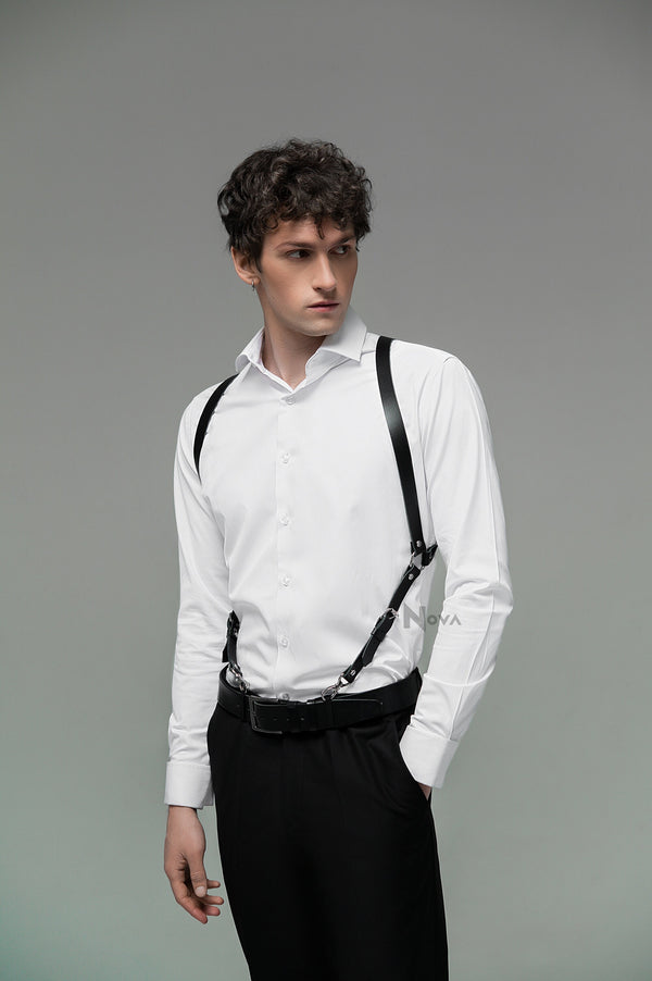 Genuine Leather Mens Suspenders, Black Brown Red Harness Groomsmen, Distressed Leather X-Back Men's Suspenders, Western Suspenders