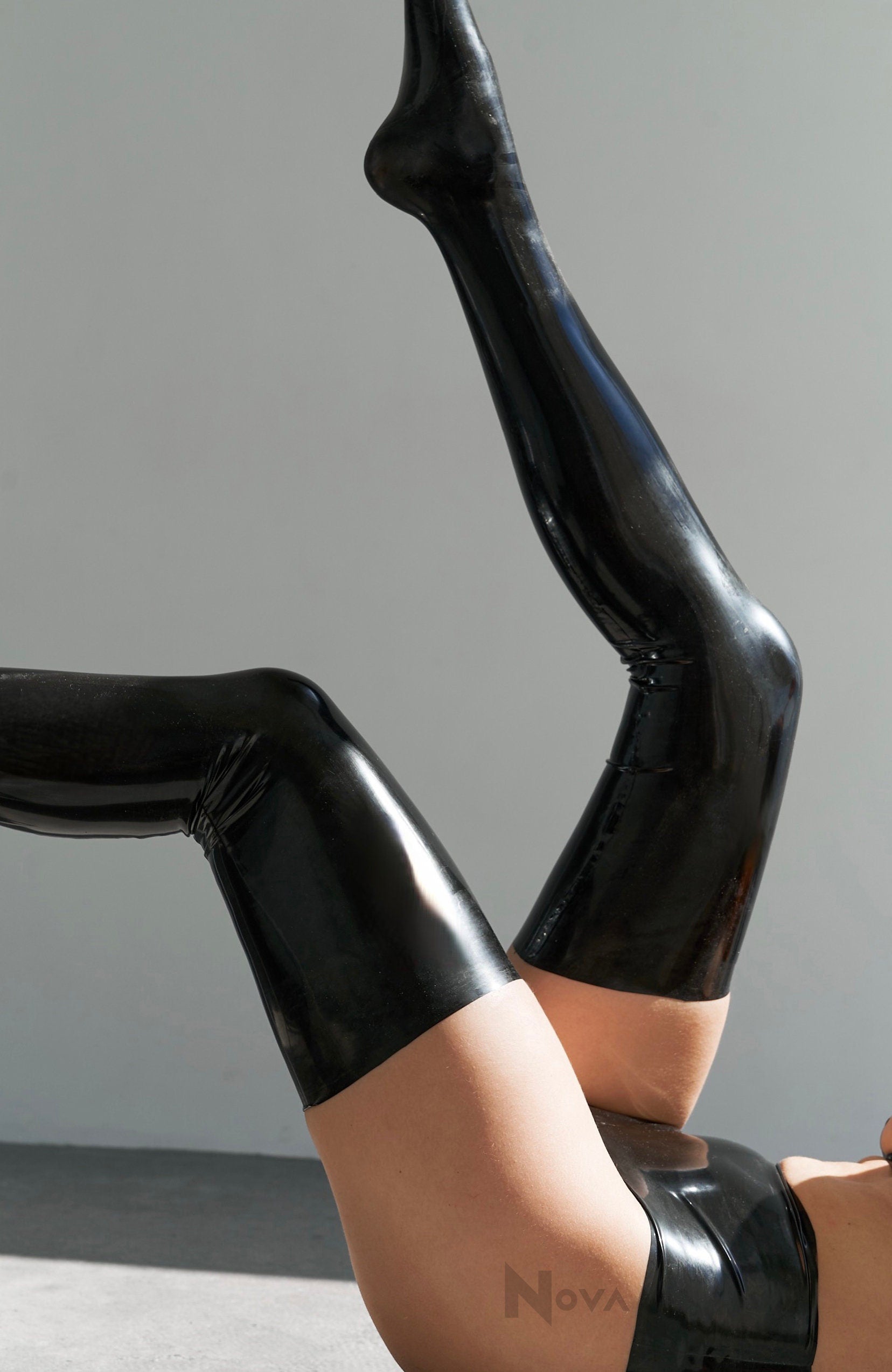 Black Latex Stockings Rubber Thigh High Tights Female