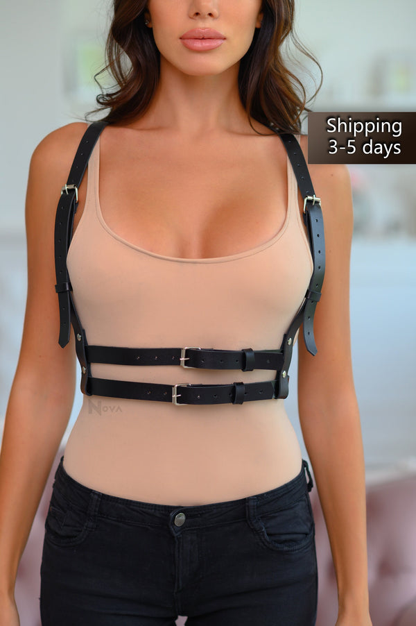 Leather chest waist harness, simple harness, chest women harness, black chest leather harness top burning man, gift for her