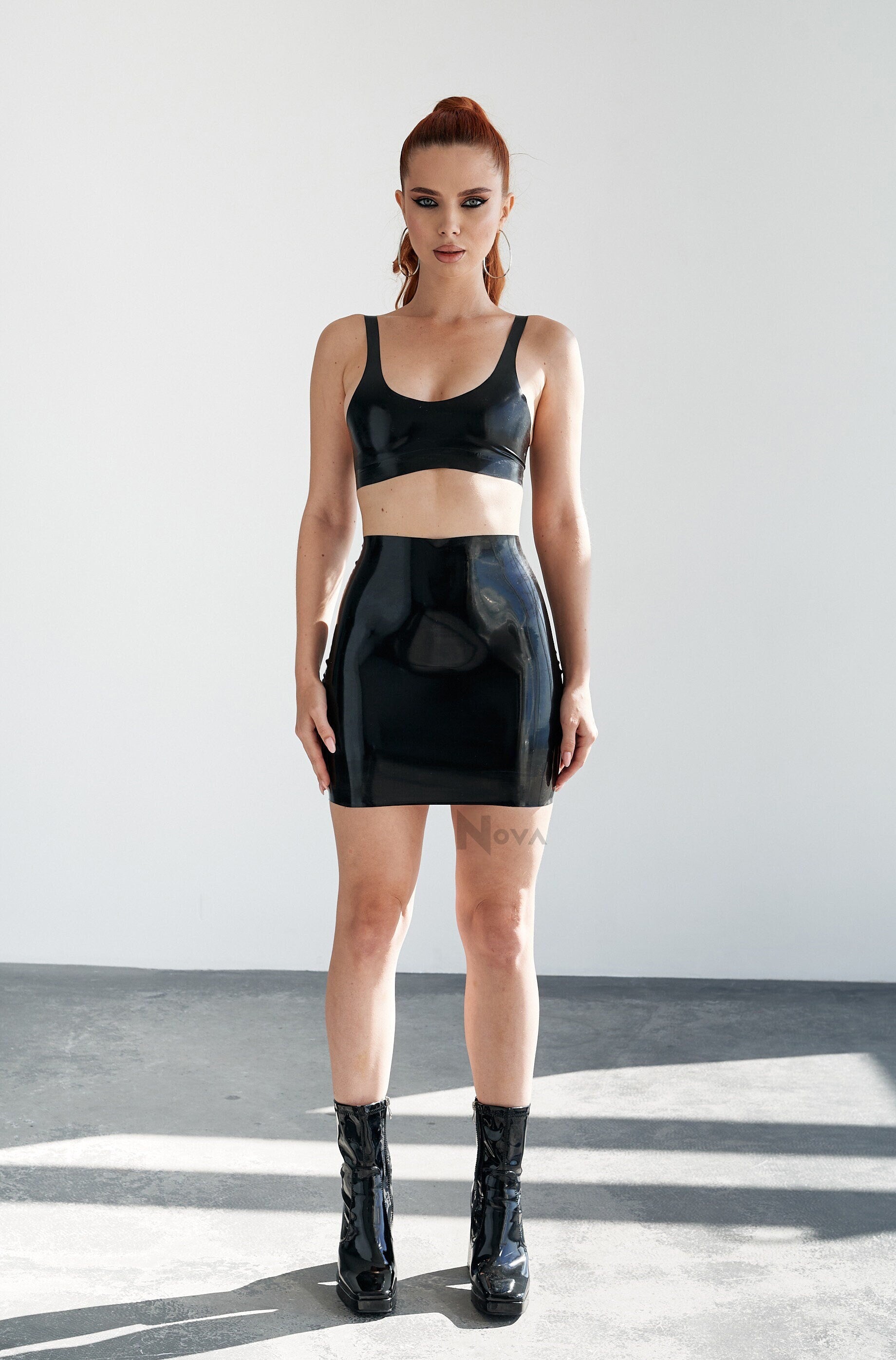 Black Latex Crop Top and Tight Pencil Skirt Set – Fetish Female Costume