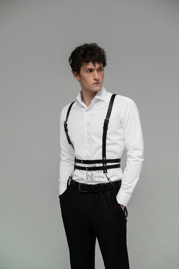 Gift for Boyfriend Black Leather Shoulder Harness for Men Male Eco Vegan Chest Top BDSM Rave Kinky GayWaist Wrap Belt for Husband for Him