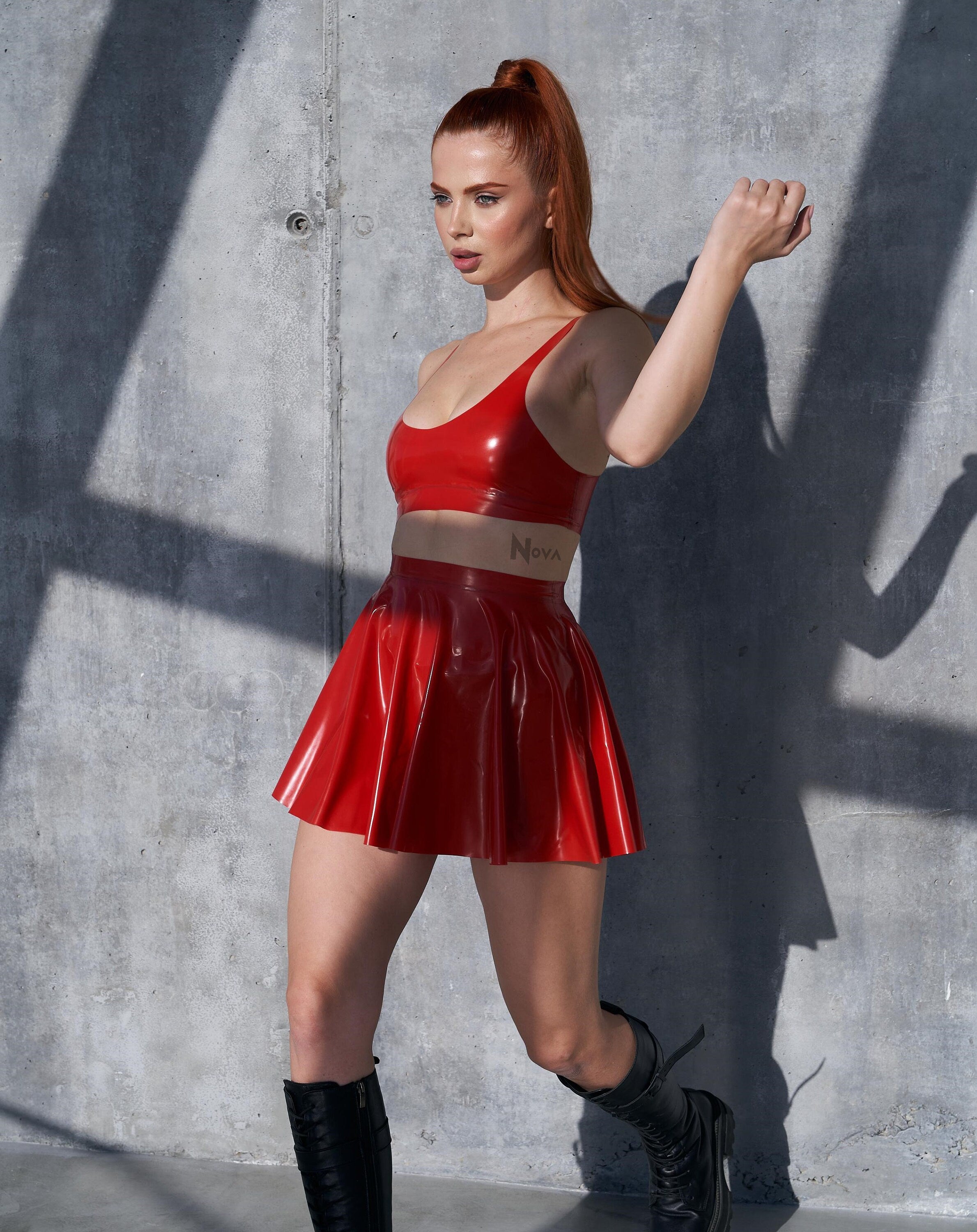 Red Latex Fetish Set – Plus Size Top and Skirt Outfit for Women