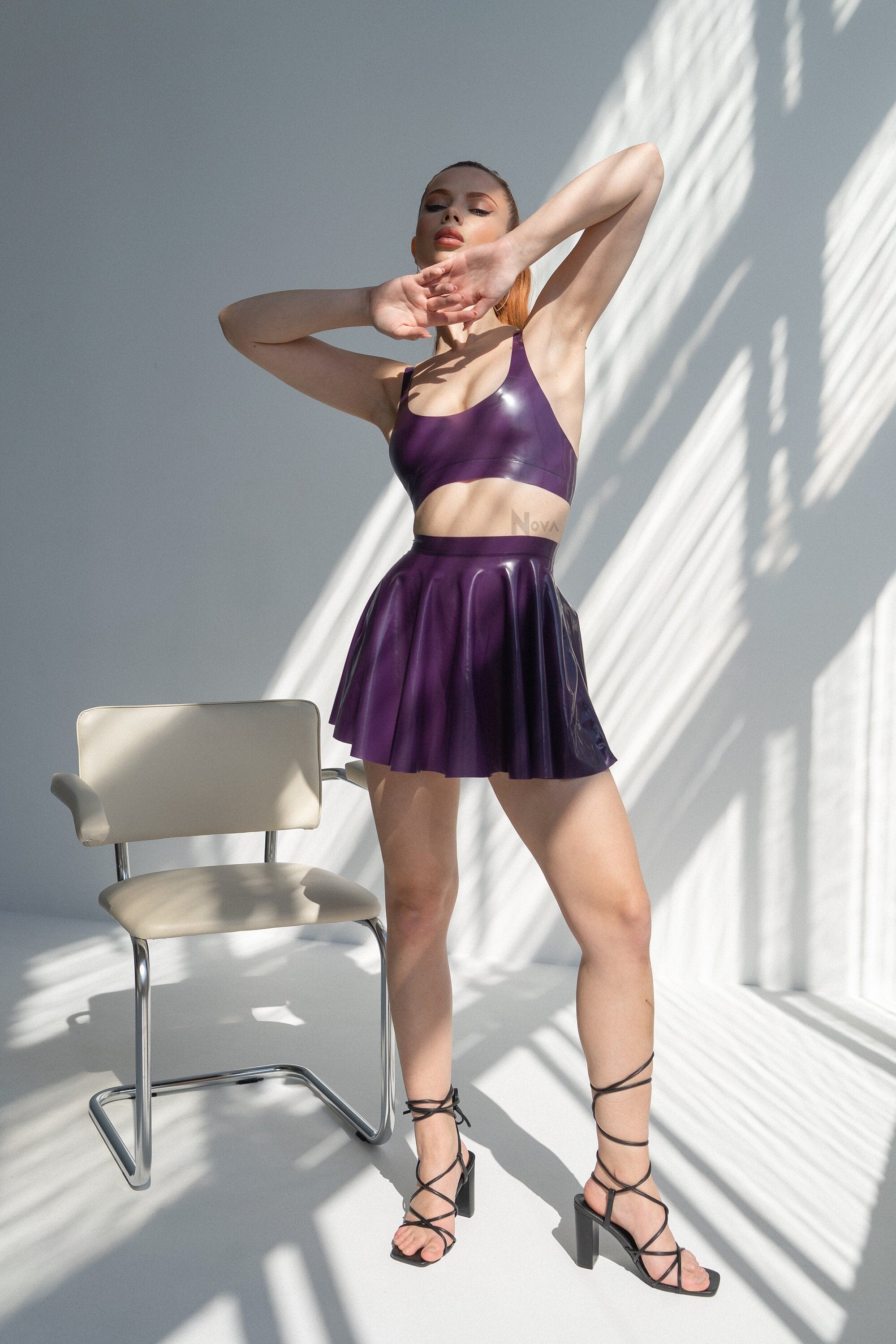 Purple Latex Set – Crop Top & Skirt – Fetish Female Rubber Outfit Costume
