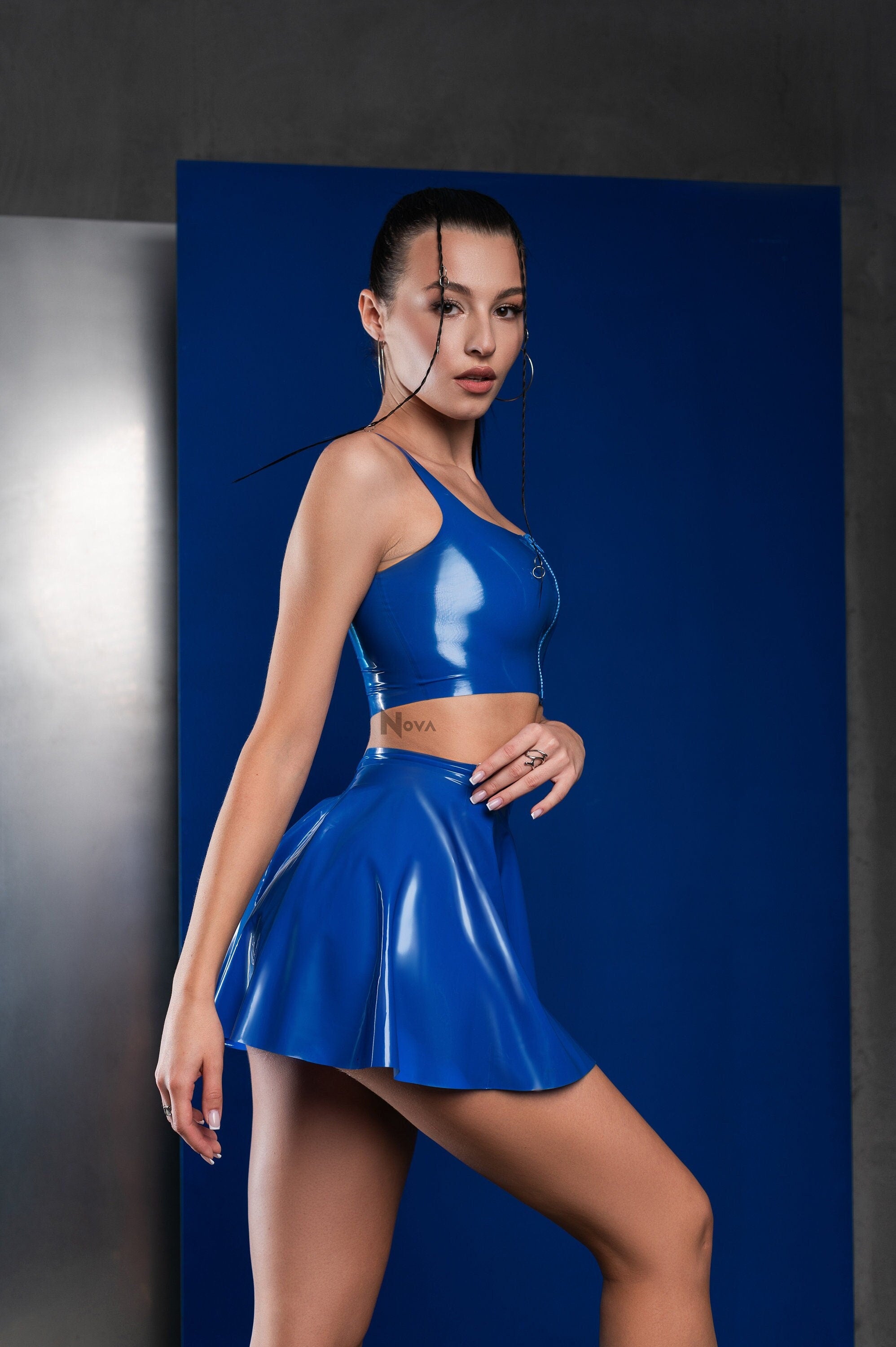 Fetish Royal Blue Latex Set Zipper Top Skirt Female BDSM Costume