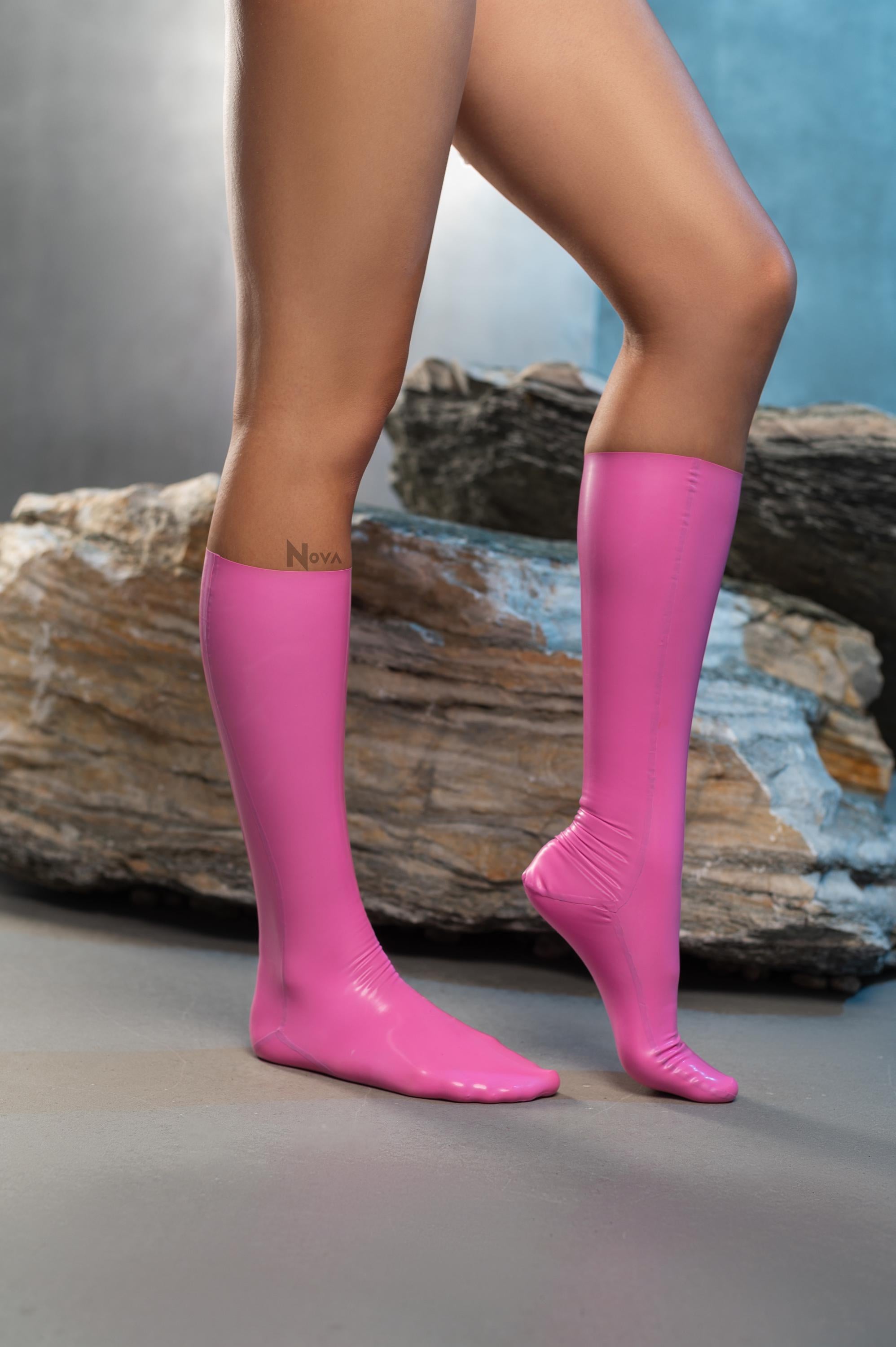 Pink Latex Set Longsleeve Top Half Skirt Bikini Under Knee Socks Stockings Costume