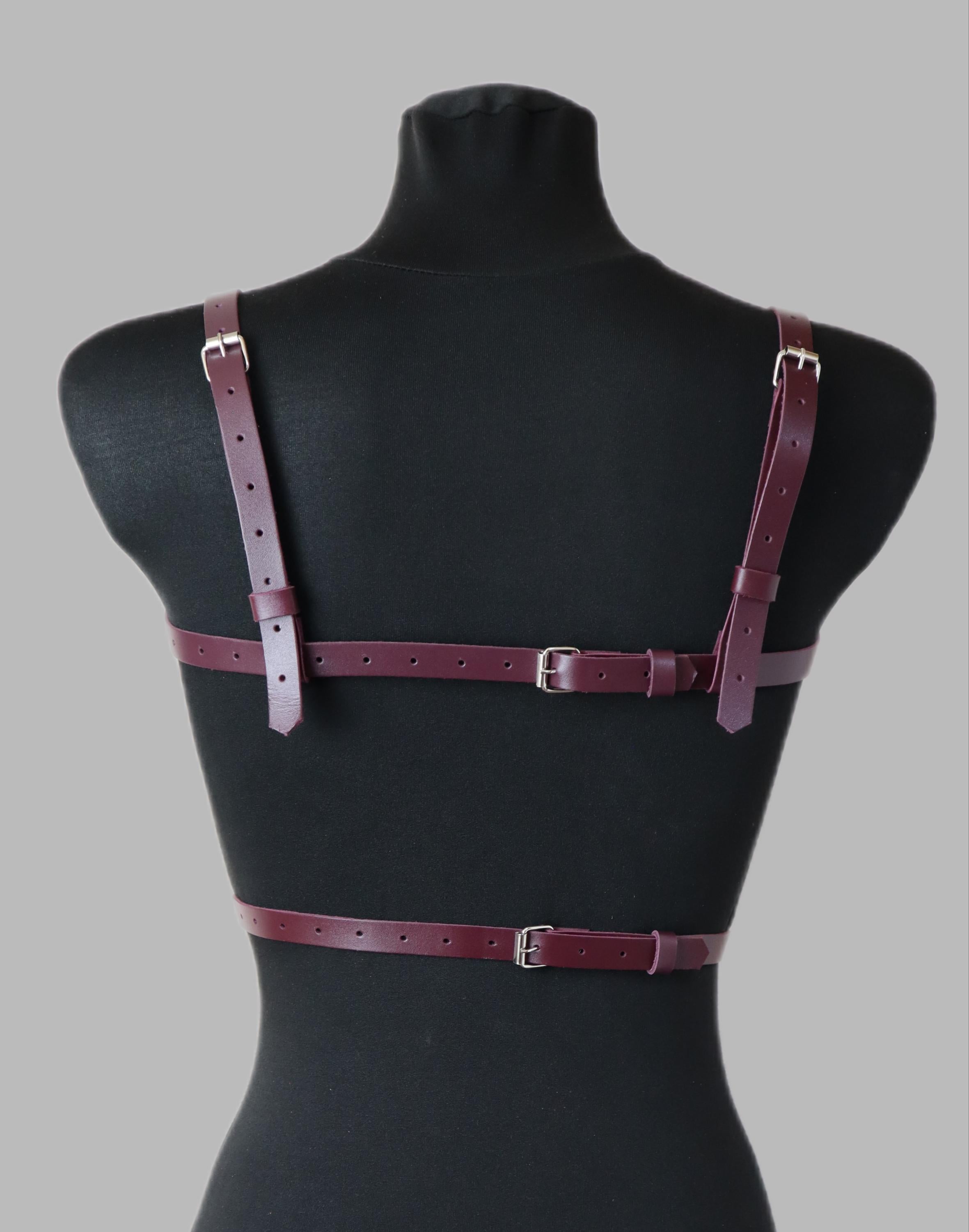Gift for Girlfriend Burgundy Open Bra Chain Harness Leather Chest Top Bustier Bondage Top BDSM Cage Women Body Fetish for Wife