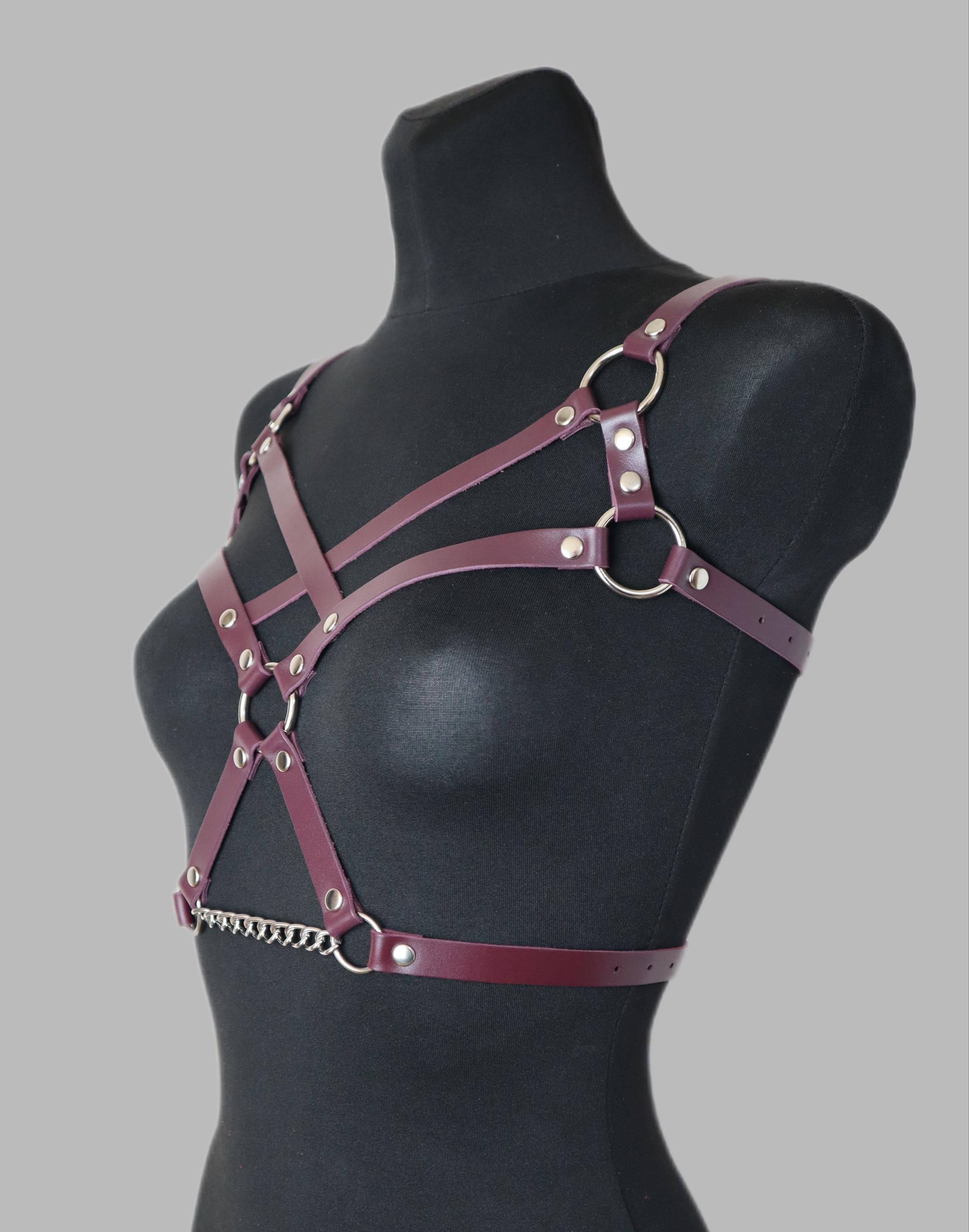 Gift for Girlfriend Burgundy Open Bra Chain Harness Leather Chest Top Bustier Bondage Top BDSM Cage Women Body Fetish for Wife