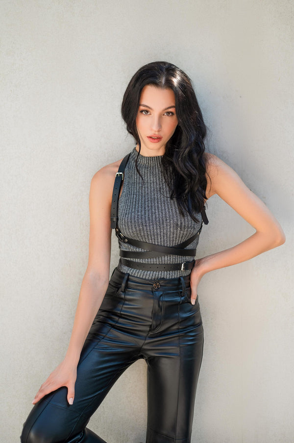 Gift for Her Triple Leather Chest Harness Belt Vegan Top Body Black Waist Wrap Casual Accessory Outfit for Woman Girlfriend Wife Bestie