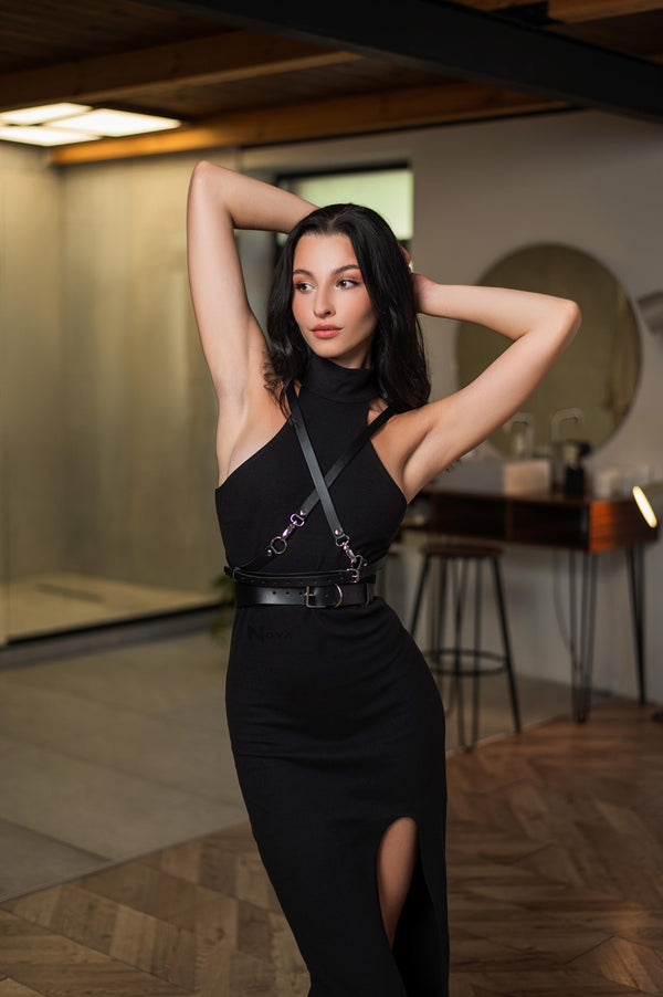 Gift for Girlfriend Cross Chest Leather Harness Waist Belt Vegan Top Body Black Wrap Casual Accessory Outfit for Woman Wife