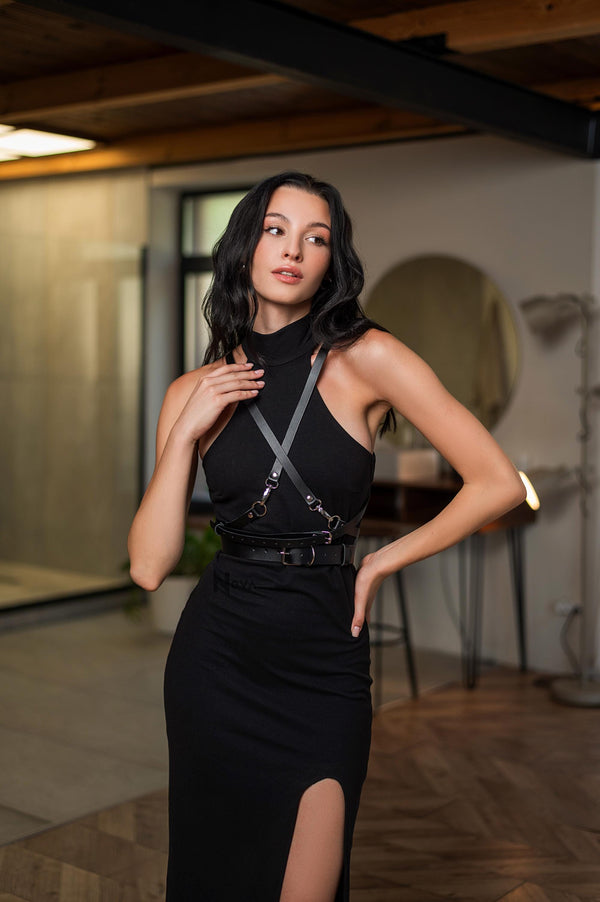 Cross Chest Leather Harness Waist Belt Vegan Top Body Black Wrap Casual Accessory Outfit for Woman Gift for Girlfriend