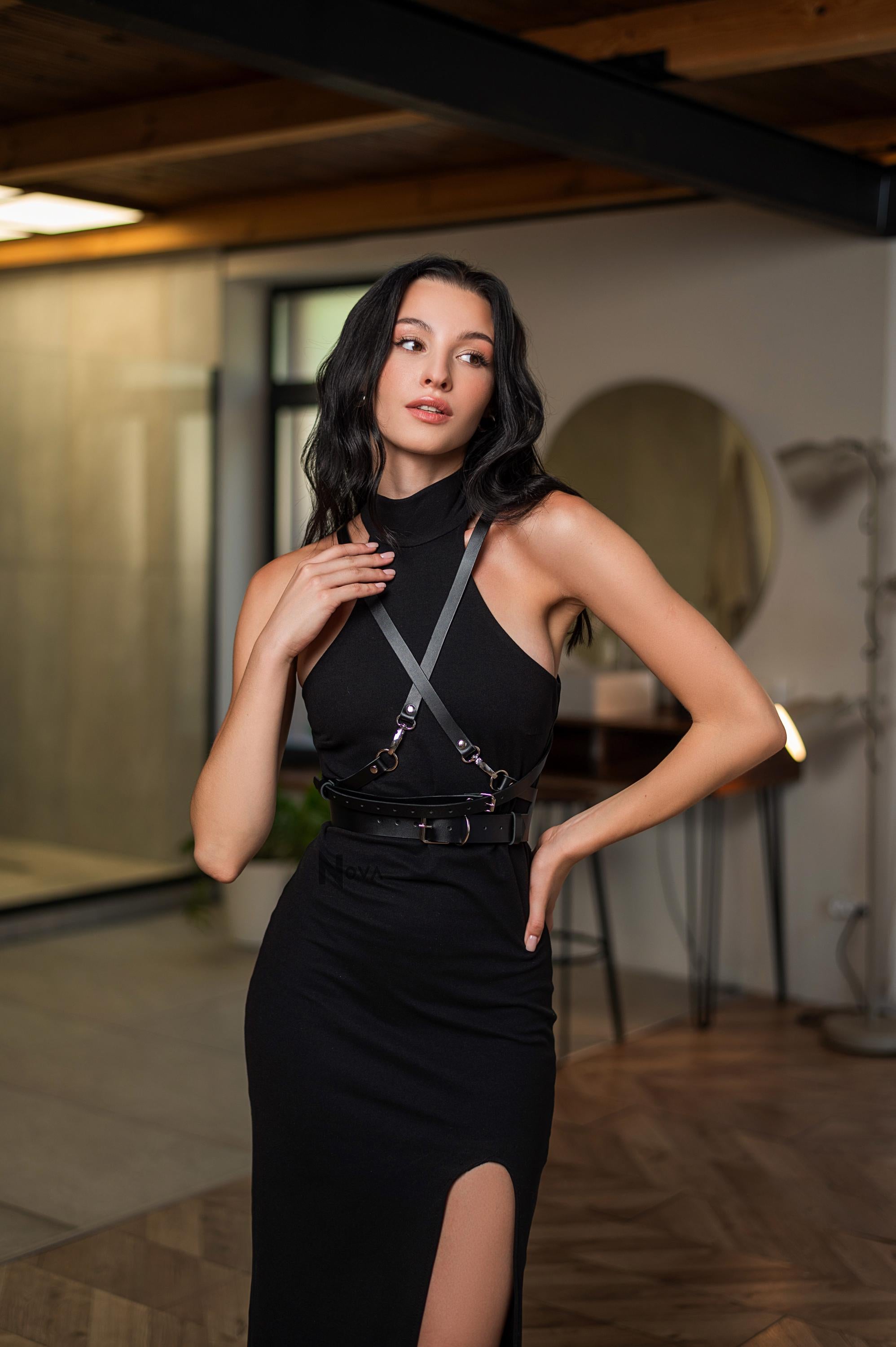 Gift for Girlfriend Cross Chest Leather Harness Waist Belt Vegan Top Body Black Wrap Casual Accessory Outfit for Woman Wife