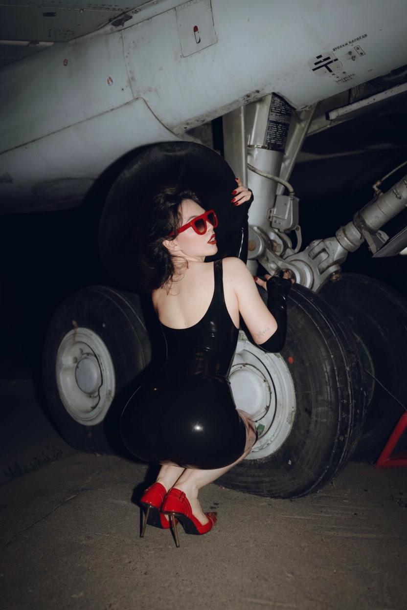 The same latex midi dress in black, back view