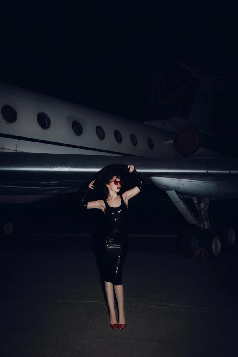 The same latex midi dress in black, full length